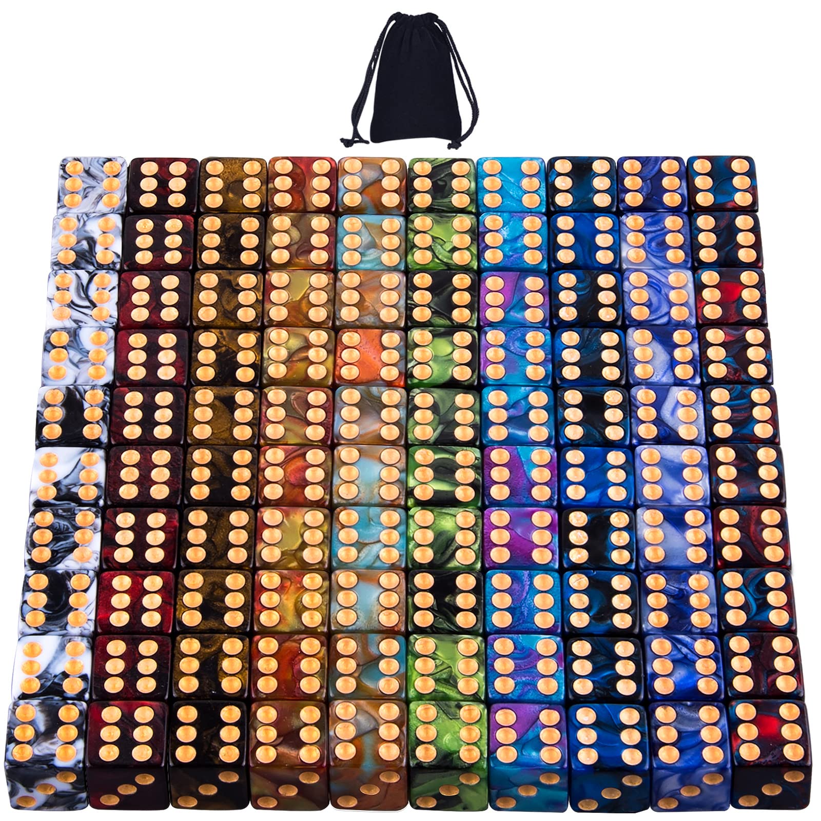 AUSTOR 100 Pcs 6 Sided Dice Set 10 Two Tone Colors Dice with Gold Pips Square Corner Dice(Free Pouch)