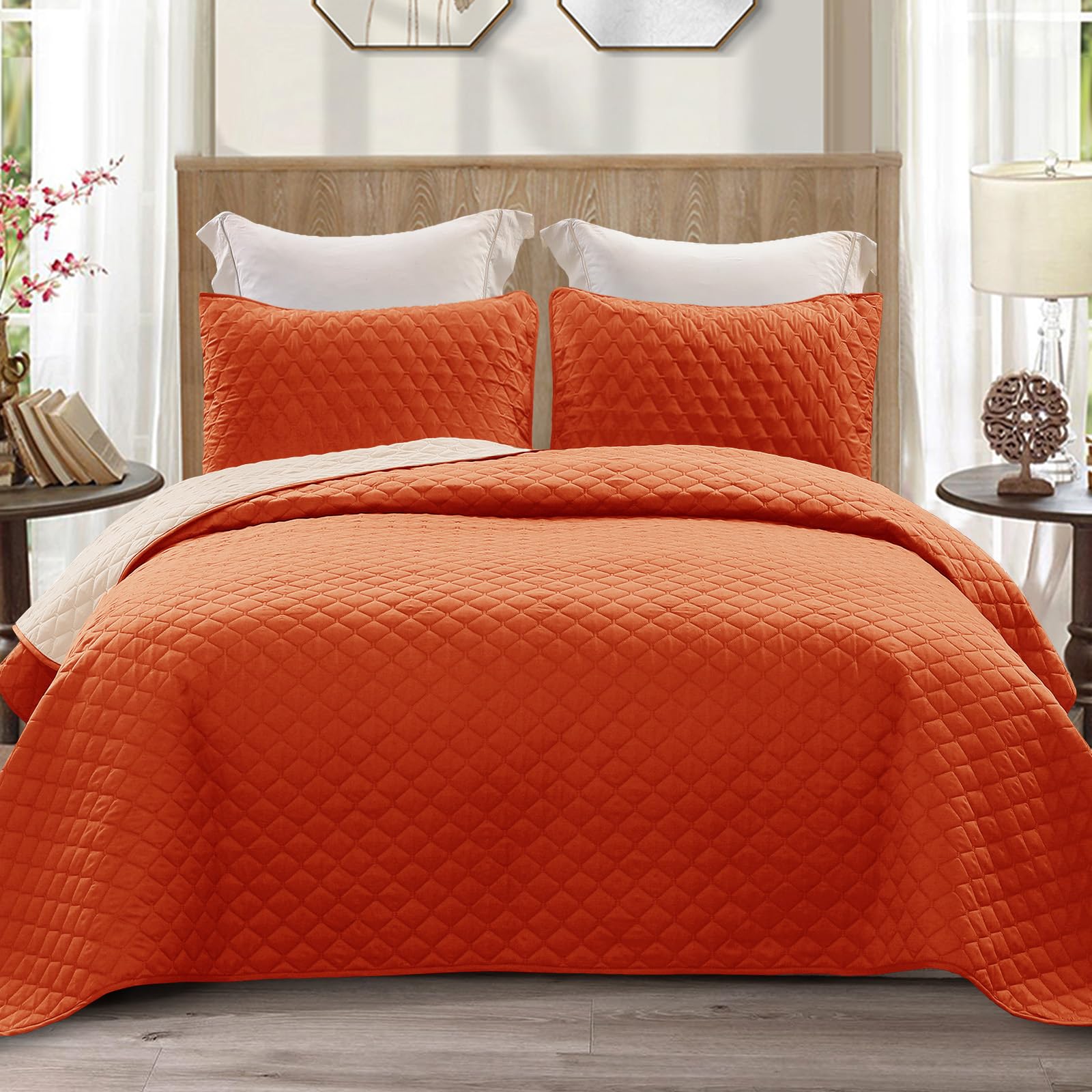 exclusivo mezcla ultrasonic full queen quilt, lightweight quilts queen size, soft bedspreads bed coverlets for all seasons - (burnt orange, 90\"x96\")