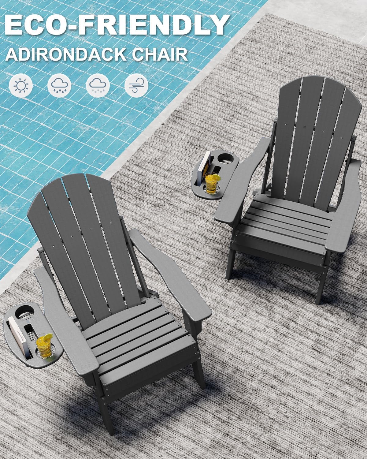 NAVINE Adjustable Adirondack Chair Set of 4 with Cup Holder, All Weather HDPE Fire Pit Chairs for Deck, Backyard, Patio, Grey