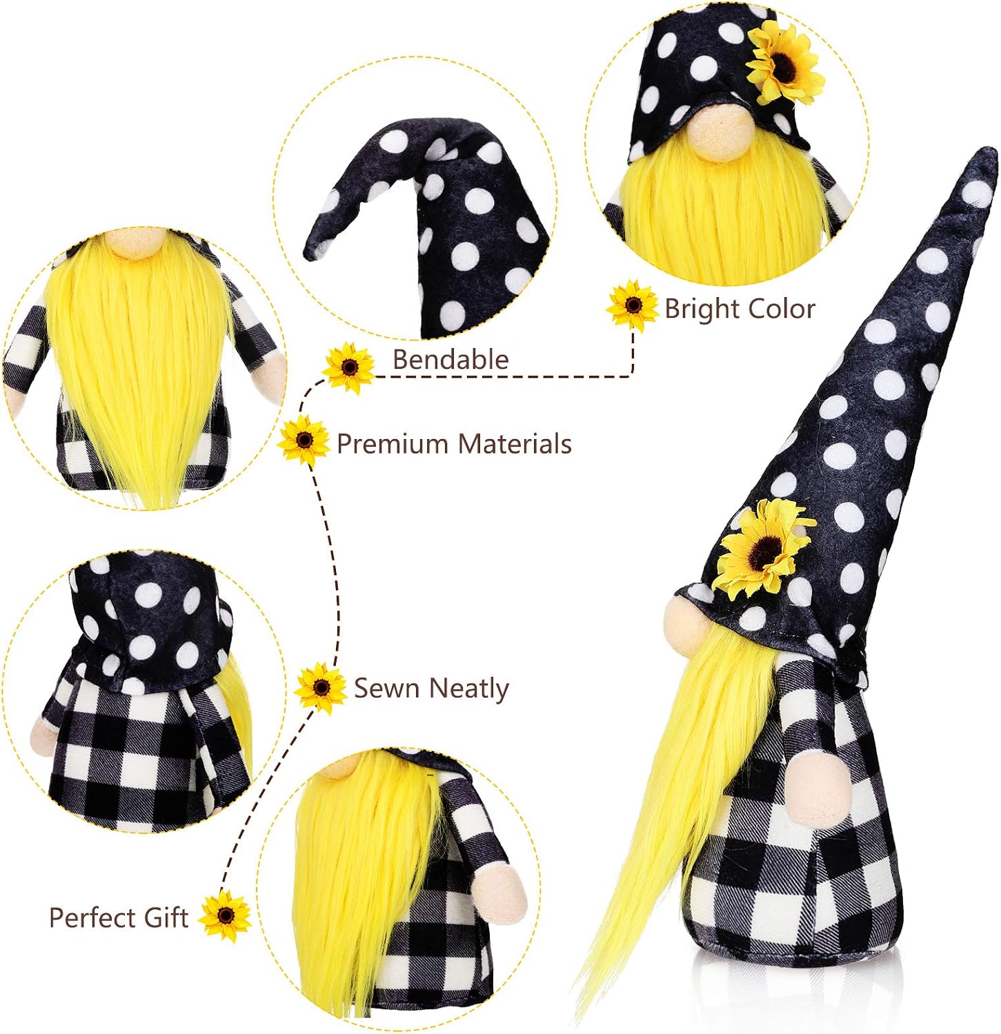 3 Pieces Summer Swedish Gnomes Decor Spring Buffalo Plaid Rustic Tiered Tray Decorations Plush Sunflower Ornaments for Home Garden Kitchen Decor