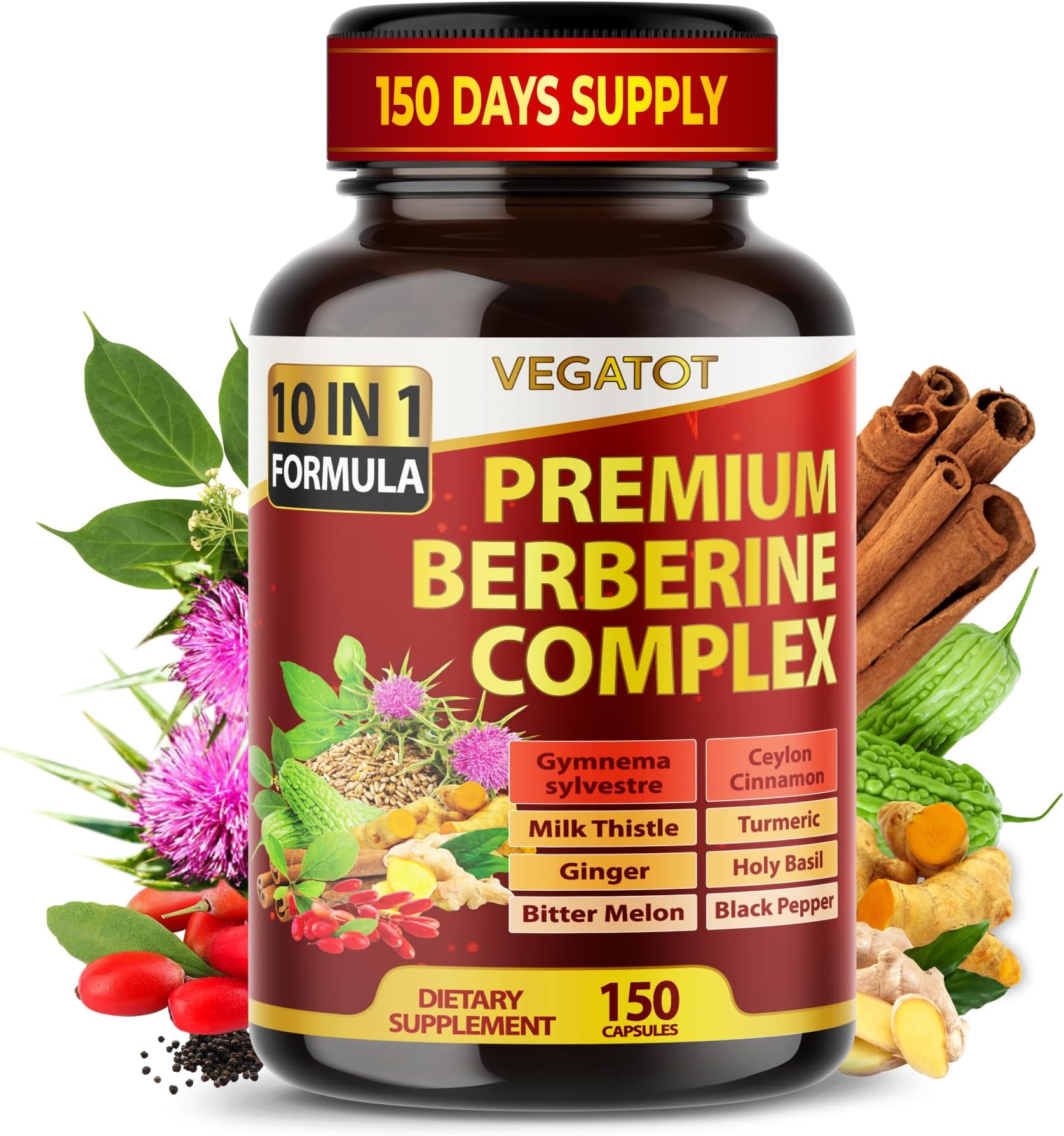 VEGATOT GlucoSavior Berberine Supplement 12,900mg with Ceylon Cinnamon, Bitter Melon, Gymnema - Supports Immune, Heart Health & Gastrointestinal Function - Made in The USA (150 Count (Pack of 1))