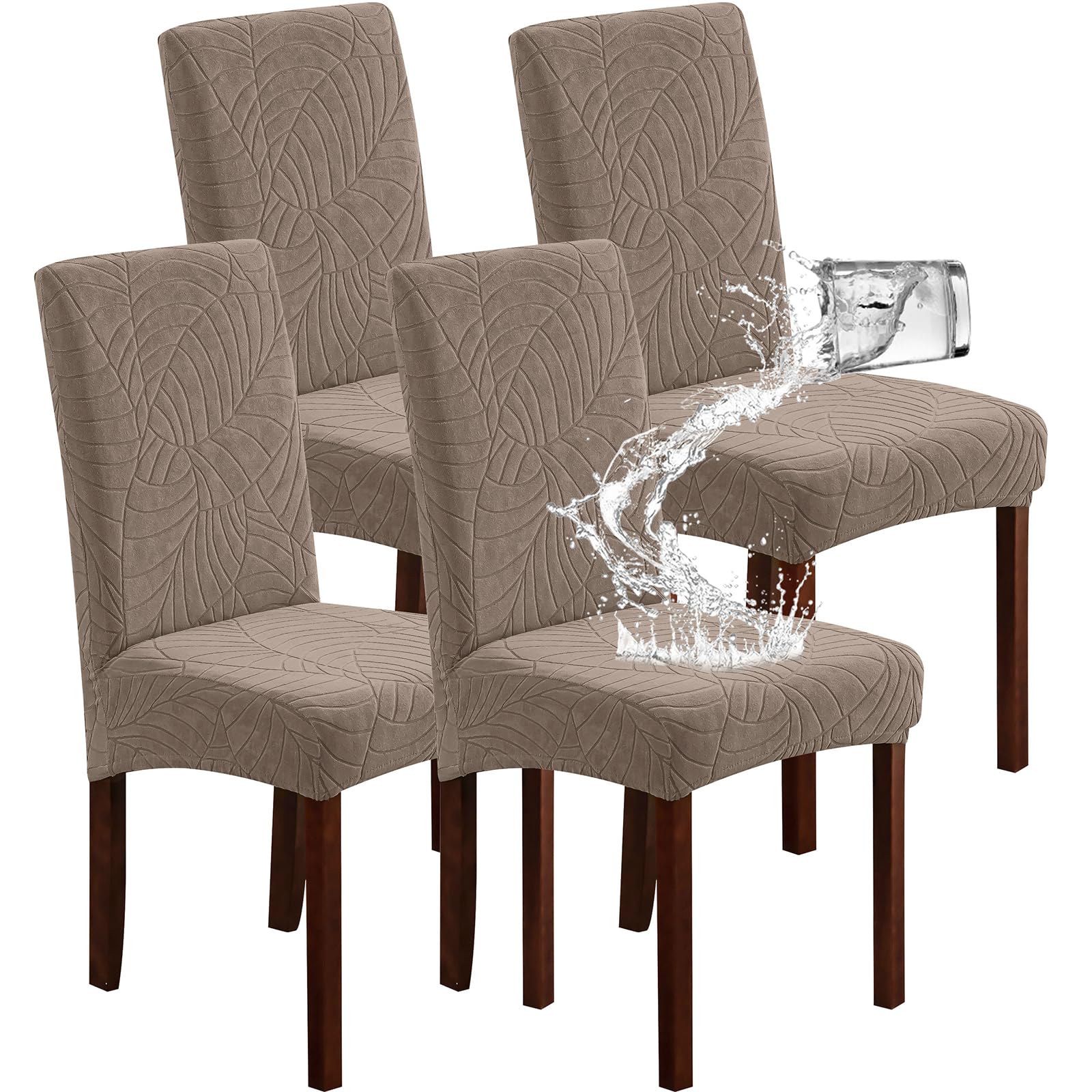 Genina Waterproof Chair Covers for Dining Room, Stretch Jacquard Dining Chair Slipcovers Removable Washable Chair Protector for Kitchen, Hotel, Restaurant (Leaves-Taupe, 4 PCS)