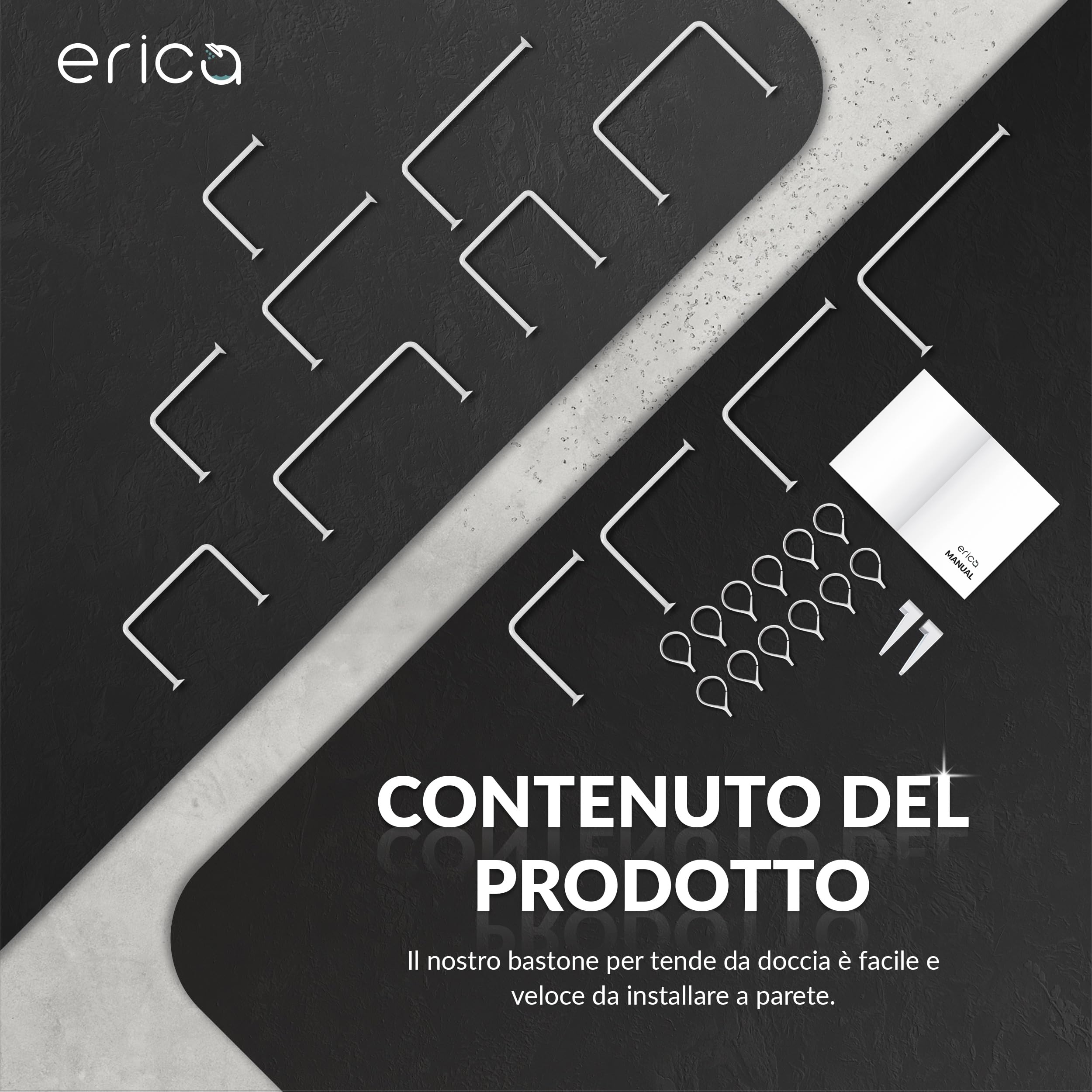 Erica Asta Tenda Doccia 12 Combinazioni, Bastone per Tenda Doccia Angolare e a U, Tubo Tenda Doccia, Supporto Tenda Doccia con Supporto Soffitto, Rivestimento in Plastica Senza PVC, 100% acciaio inox