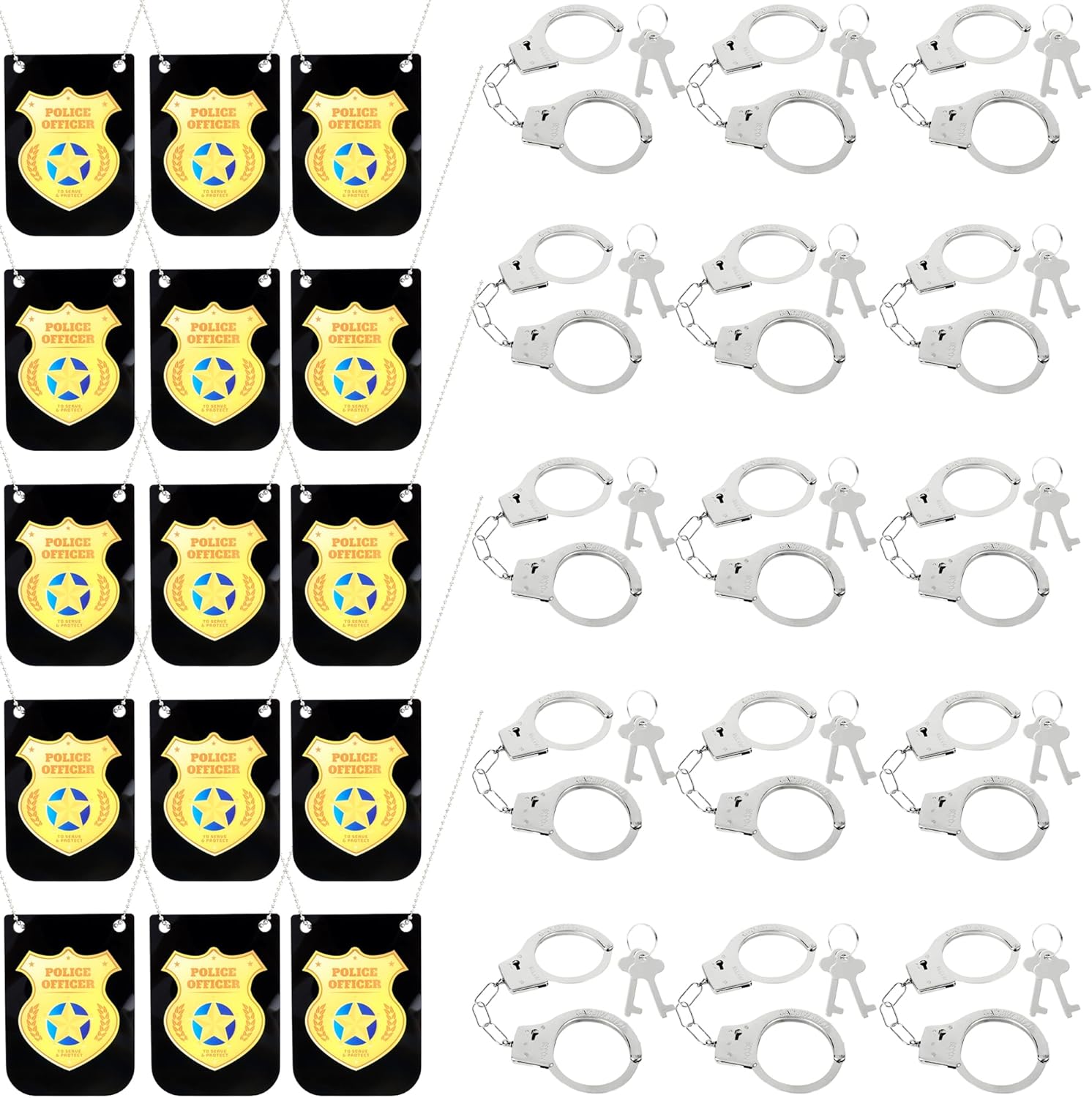 15 Sets Kids Police Pretend Play Toy Set Role Play Accessory Include 15 Pcs Toy Handcuffs 15 Pcs Police Badge Necklace for Cop Costume Dress up Party Favor Supplies