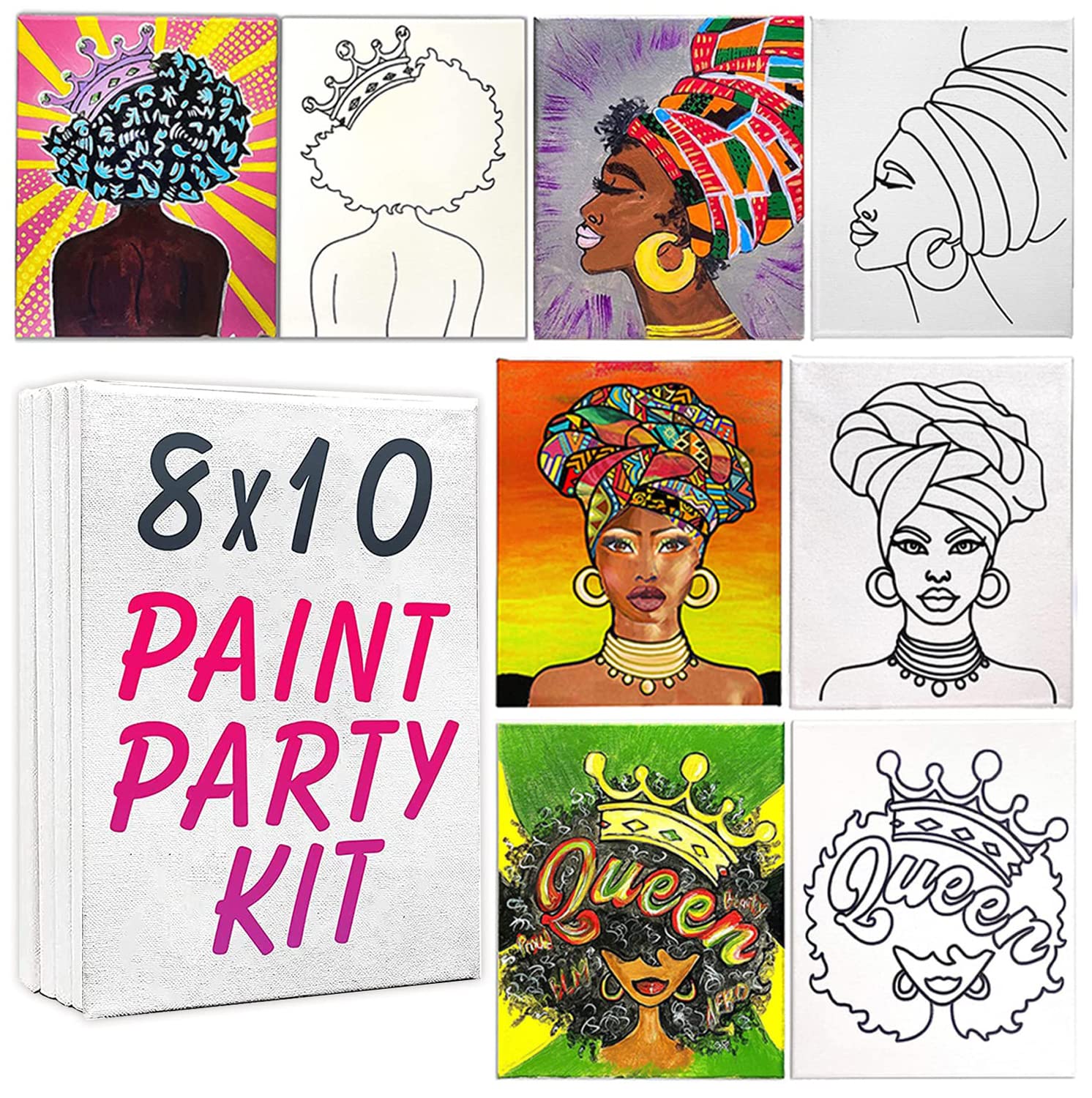 4 PACK AFRO QUEEN PAINT PARTY SET | Pre Drawn Stretched Canvas Set | Birthday Gift | Adult Sip and BLM Party Favor | DIY Virtual Party Set… (8x10)