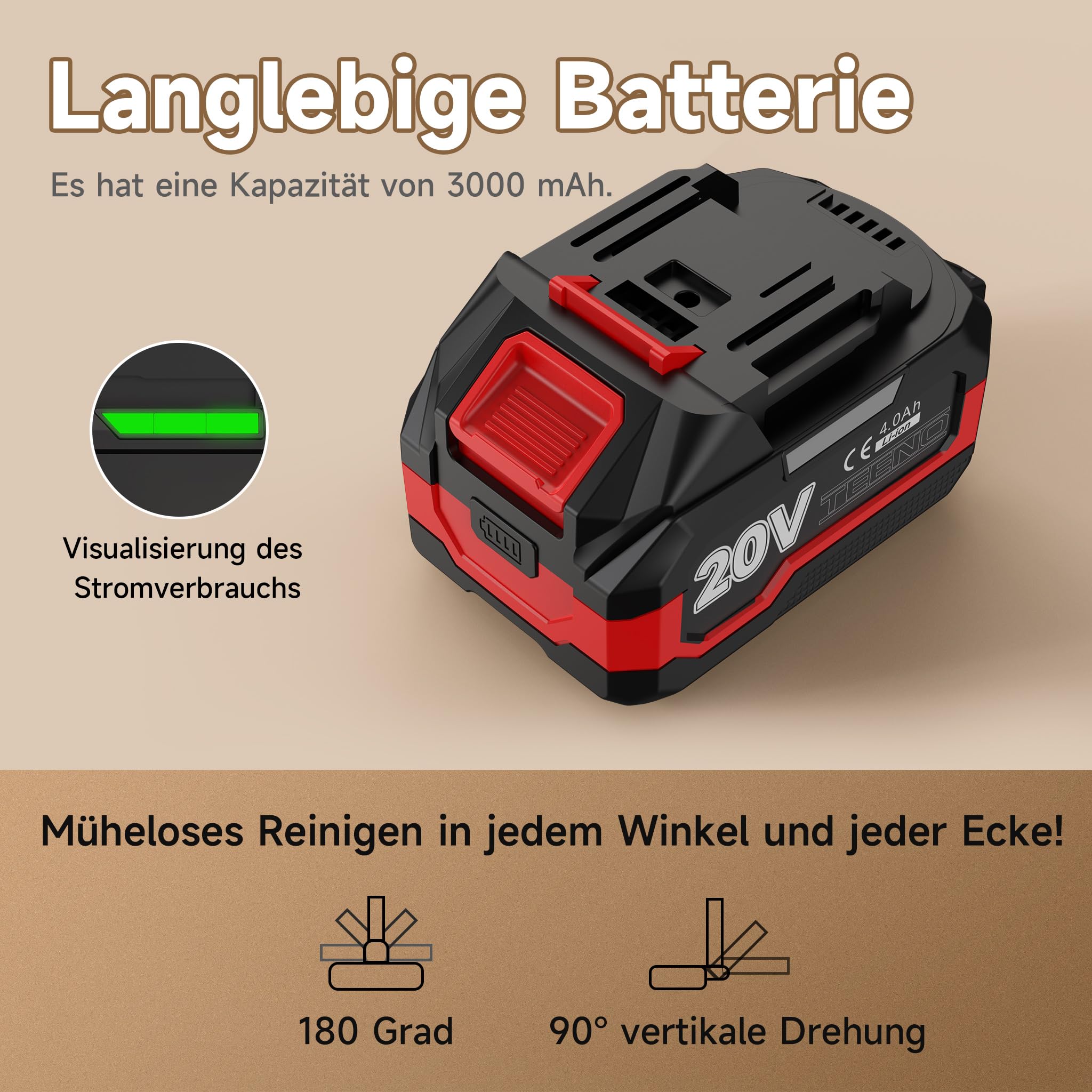 TEENO Akku Staubsauger Lithium 150W/13KPA mit 4Ah Li-Ion Akku für Haus, Auto, Büro & Sofa