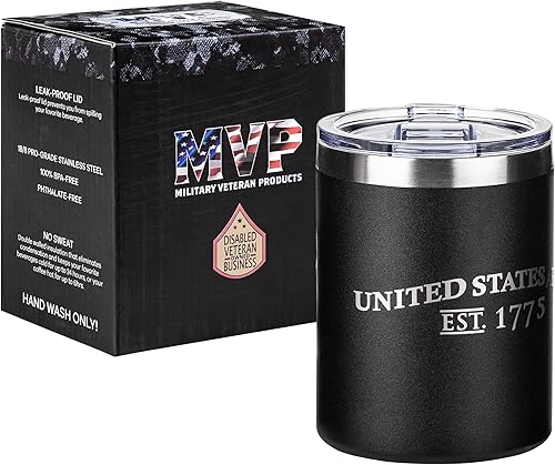Miniatura 3 de Military Gift Shop Vaso de café de acero inoxidable con aislamiento al vacío de doble pared negro militar, de 12 onzas, taza de viaje con tapa a