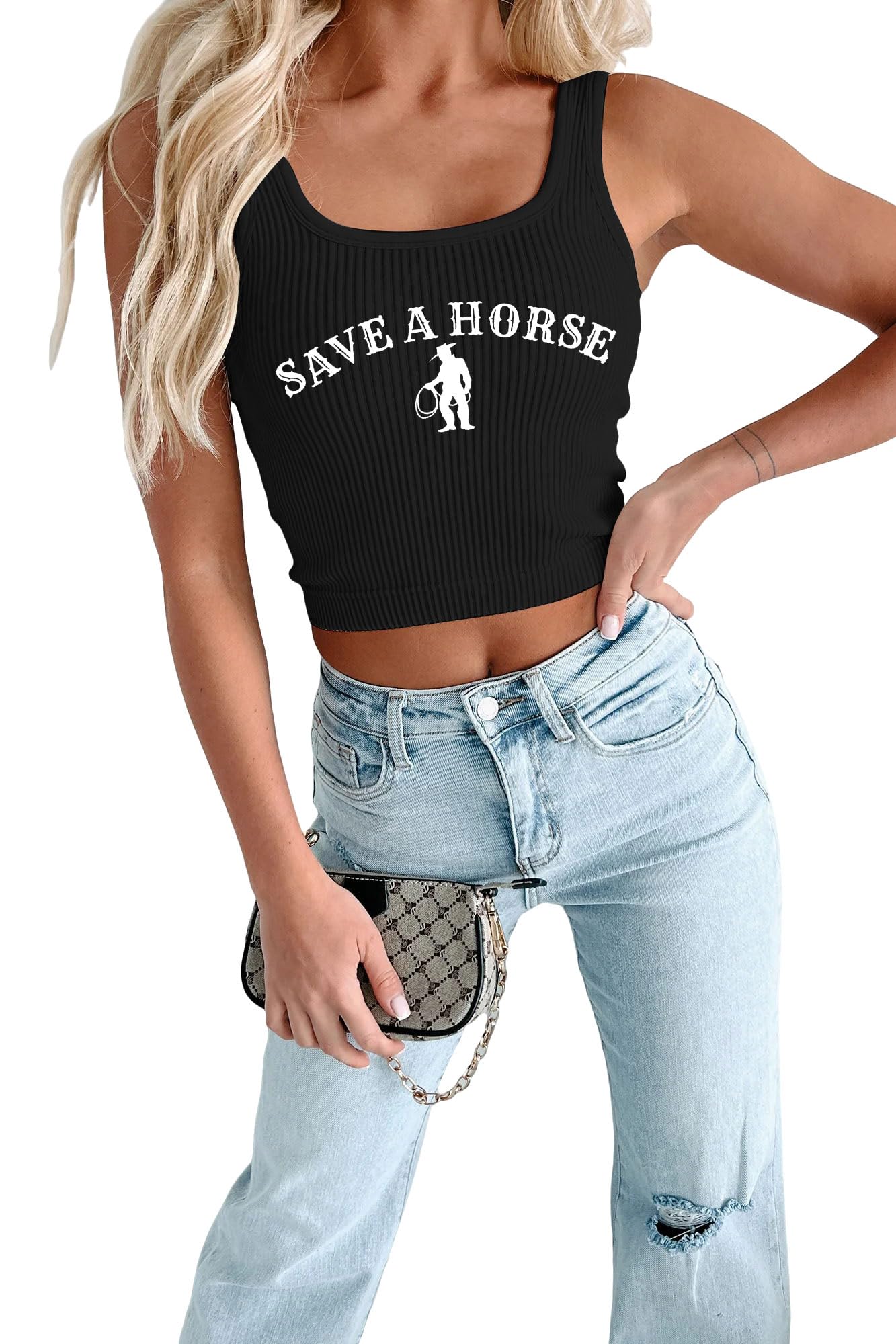 FASHGLCountry Concert Outfits for Women Cowgirl Tank Tops Western Cowboy Crop Tops Summer Cami Sleeveless Shirt