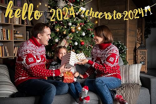 Miniatura 5 de Cartel de decoración con texto en inglés "Hello 2024" Feliz Año Nuevo con purpurina y texto en inglés "Cheers to 2024" Palabras de champán para