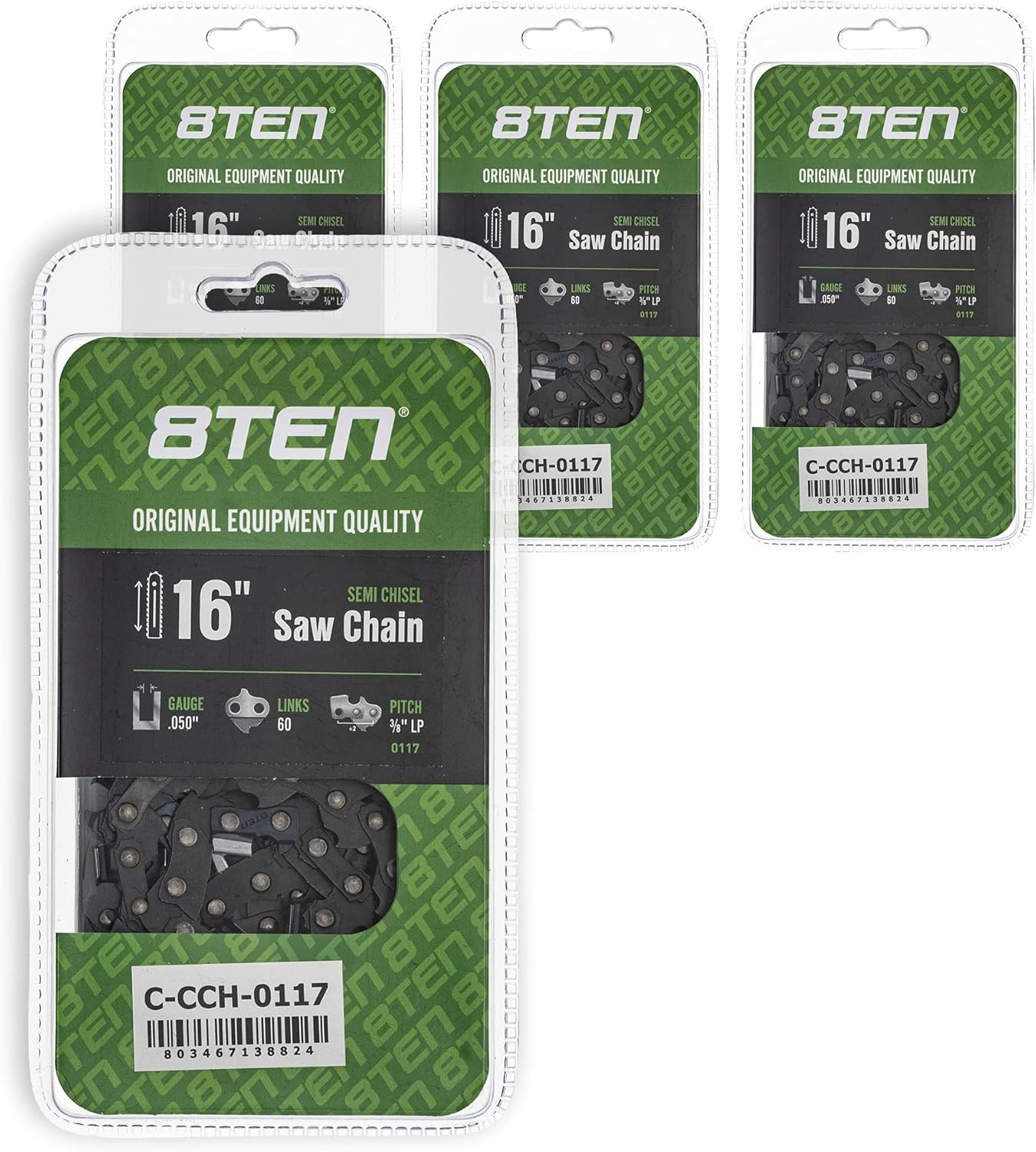 8TEN Semi Chisel Chainsaw Chain 16 Inch .050 3/8 LP 60DL for McCulloch Mac Cat Super Poulan (4 Pack)