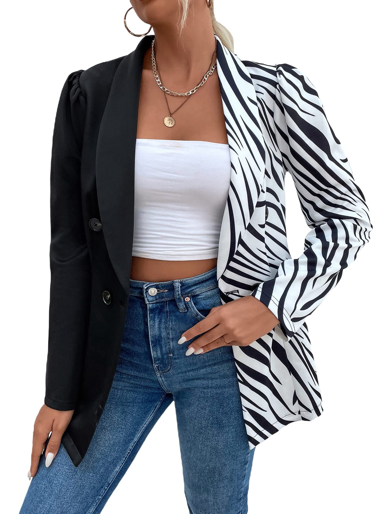 WDIRARA Womens Zebra Striped Print Shawl Collar Button Front Work Office Jacket Blazer