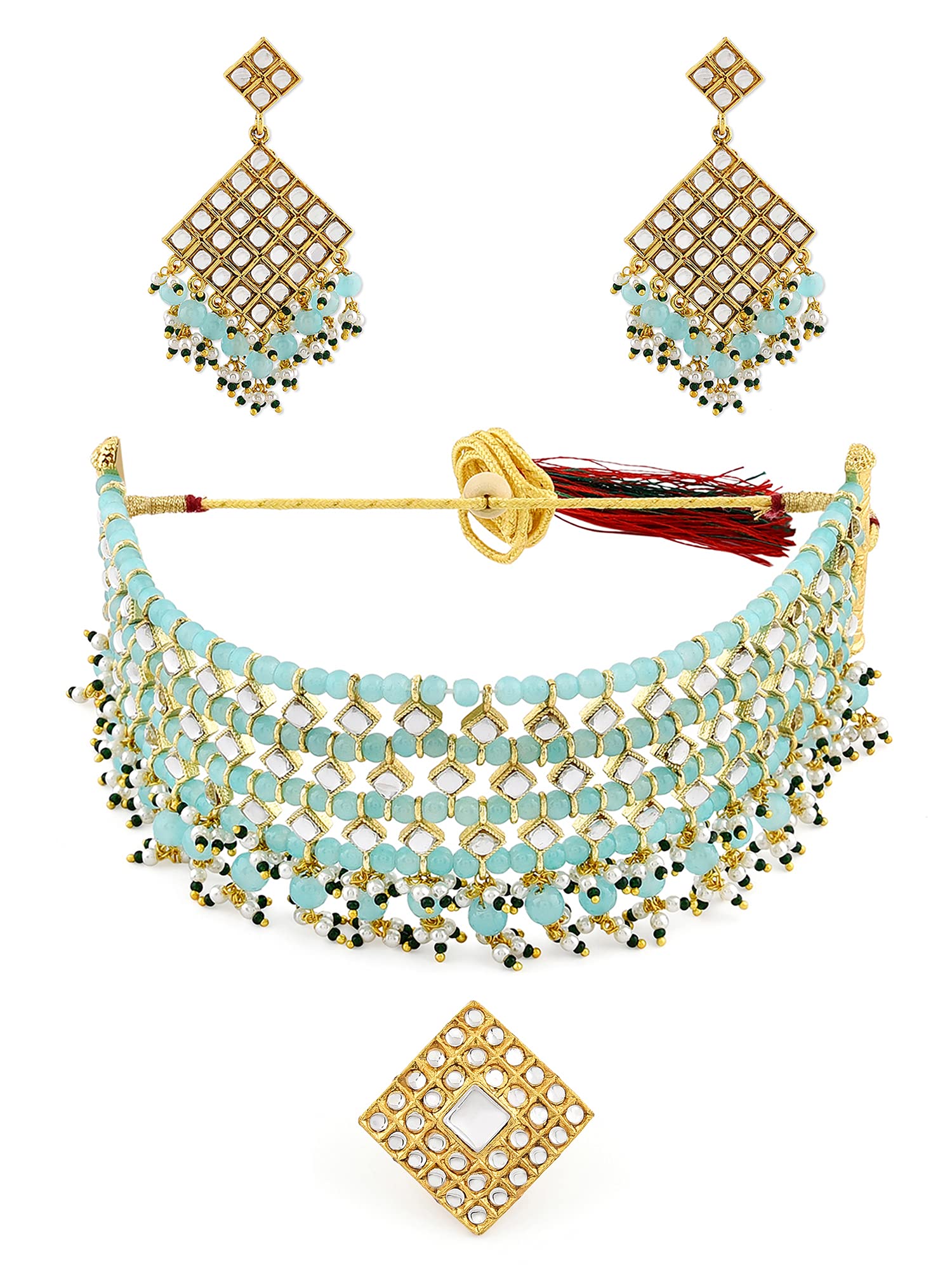ZAVERI PEARLS Green Beads Traditional Kundan Choker Necklace Earring & Ring Set For Women-ZPFK11064 (B09GNHFLV8) Amazon Price History, Amazon Price Tracker