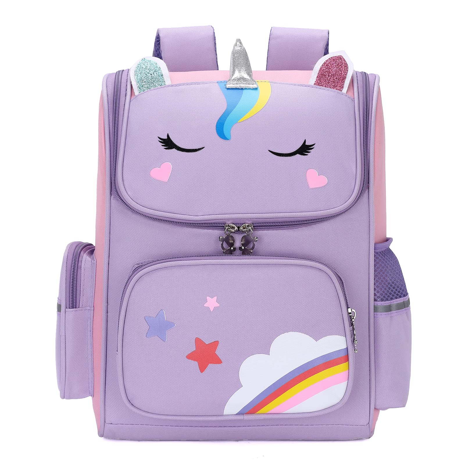 BEFUNIRISE15 inch Cute Unicorn School Backpack for Girls, Lightweight Kids School Bag BookBags Elementary Primary with Chest Straps (Purple)