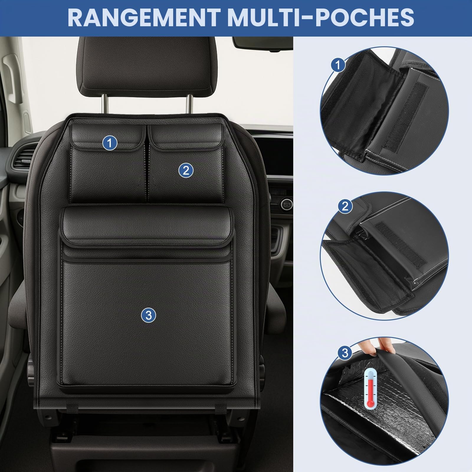 Organisateur de Voiture Siege Avant pour VW Transporter T6/T6.1 California 2015 +, Organiseurs Suspendus en Cuir pour un Seul Siège avec PocheIsotherme pour Garder au Frais ou Au Chaud