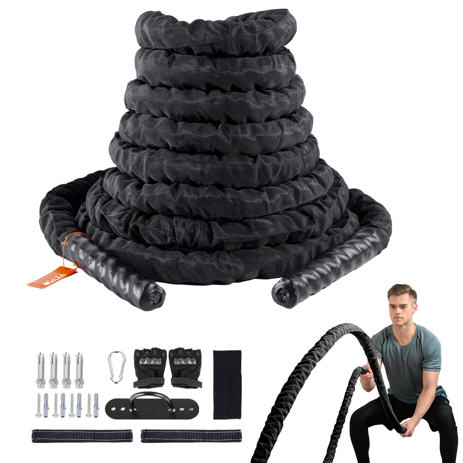 VEVOR Corde de combat, 38 mm, corde d'entraînement en polyester, 9,1 m, équipement d'exercice lourd avec manchon de protection et ancre, pour entraînement de force de base, la salle de gym à domicile