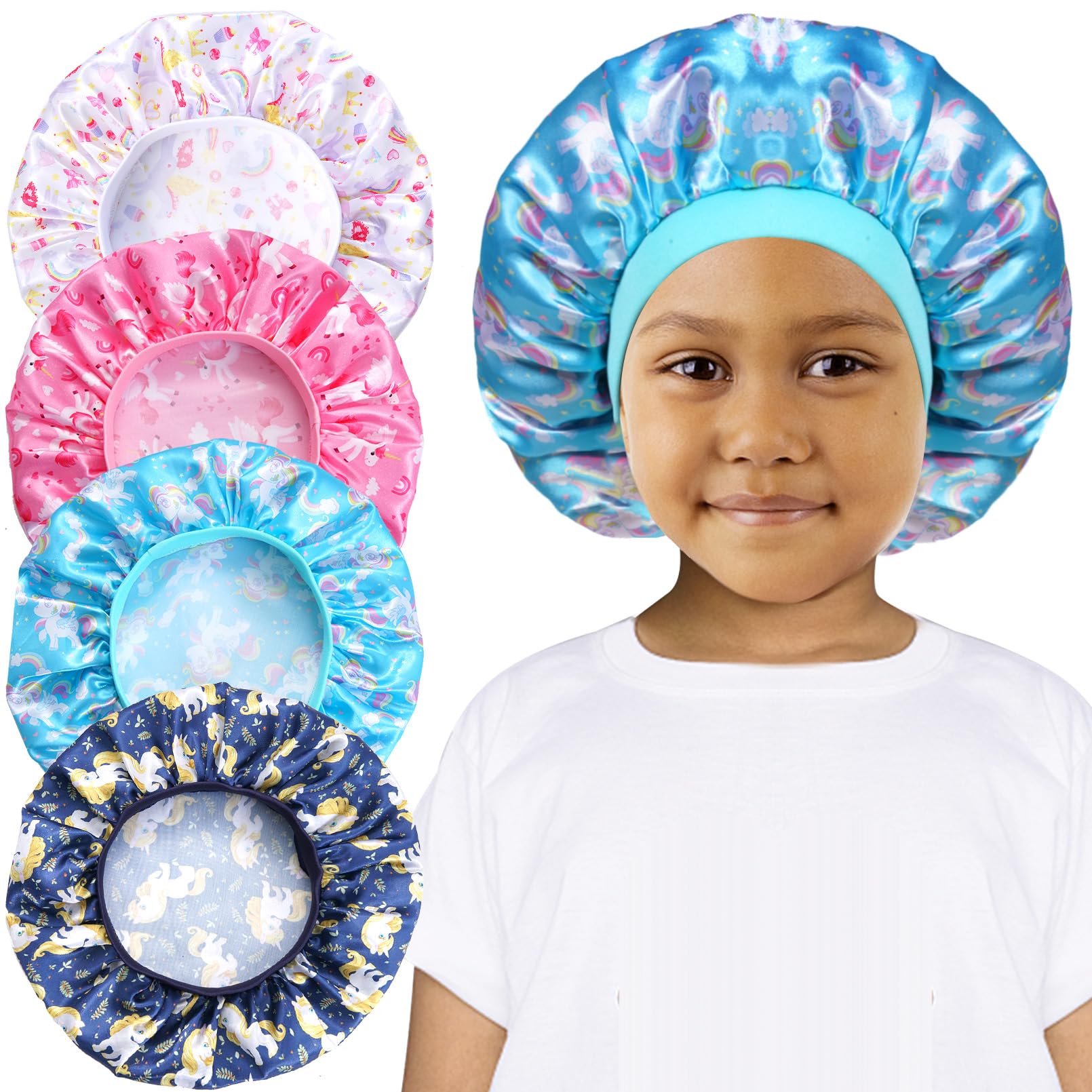 RAIBEATTY 4 unidades de gorro de satén para niños, gorro de dormir para niños, gorro de seda para niños, gorro de dormir para niños, banda ancha