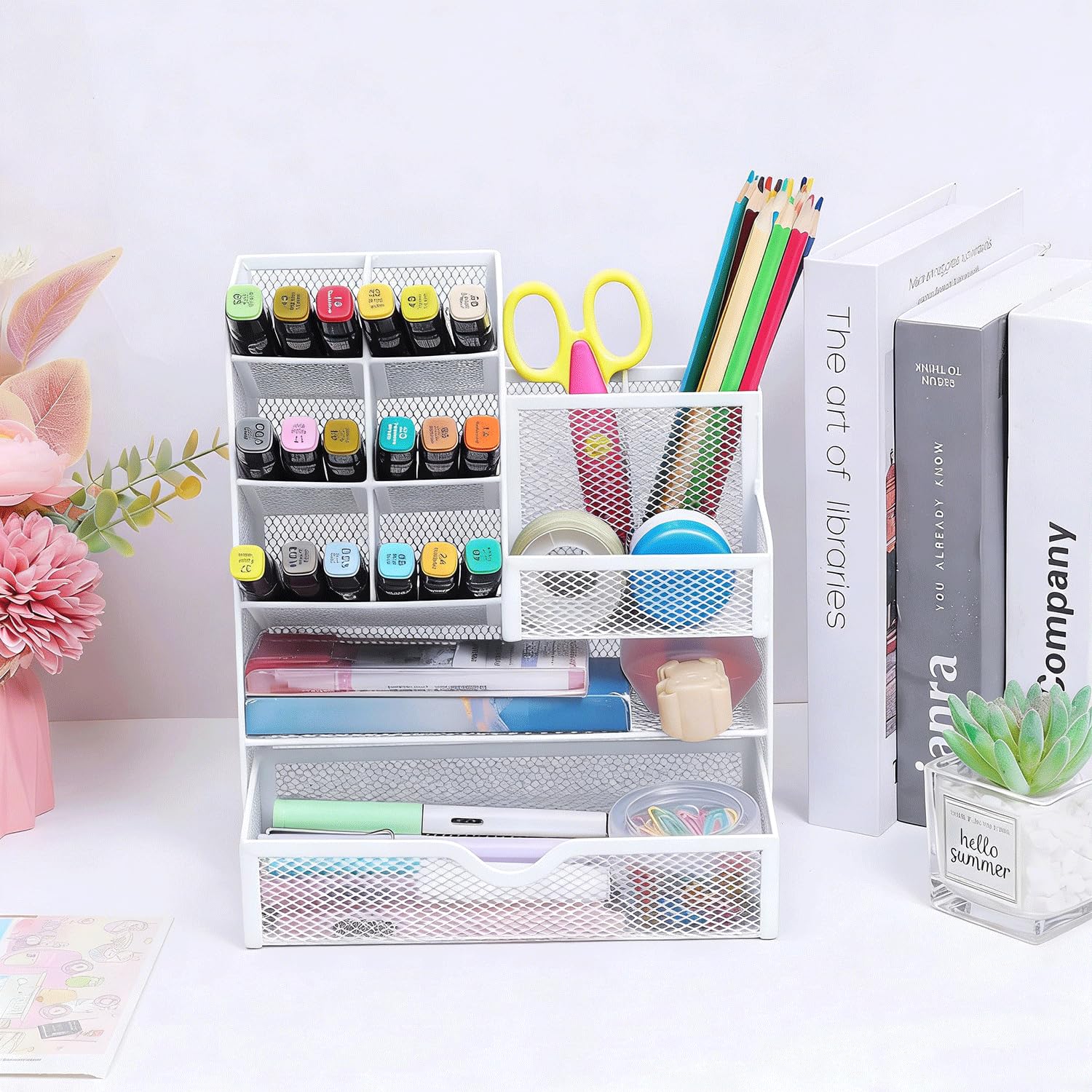 Porte-stylos en maille avec tiroir, porte-crayons multifonctionnel pour le bureau, organiseurs de bureau et accessoires pour le bureau et l'école (S-Blanc)