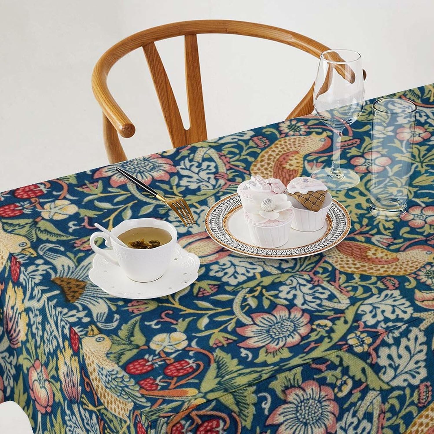 William Morris Tablecloth Original Design Strawberry Thief Tablecloth for Rectangular Table Wipeable Polyester Kitchen Dining Decor Washable 60x90 inches