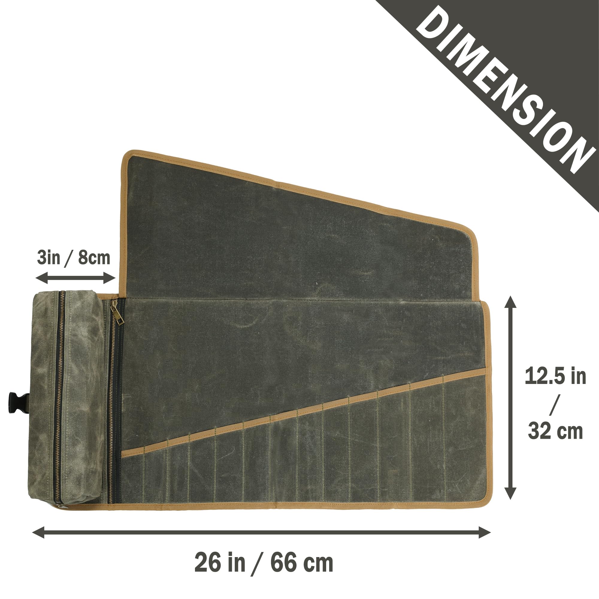 Rouleau d'outils en toile cirée, robuste de 453,6 g – avec 13 emplacements à outils + 2 poches zippées – Vert kaki, organiseur de clés enroulable portable pour artisans, entrepreneurs, réparateurs,