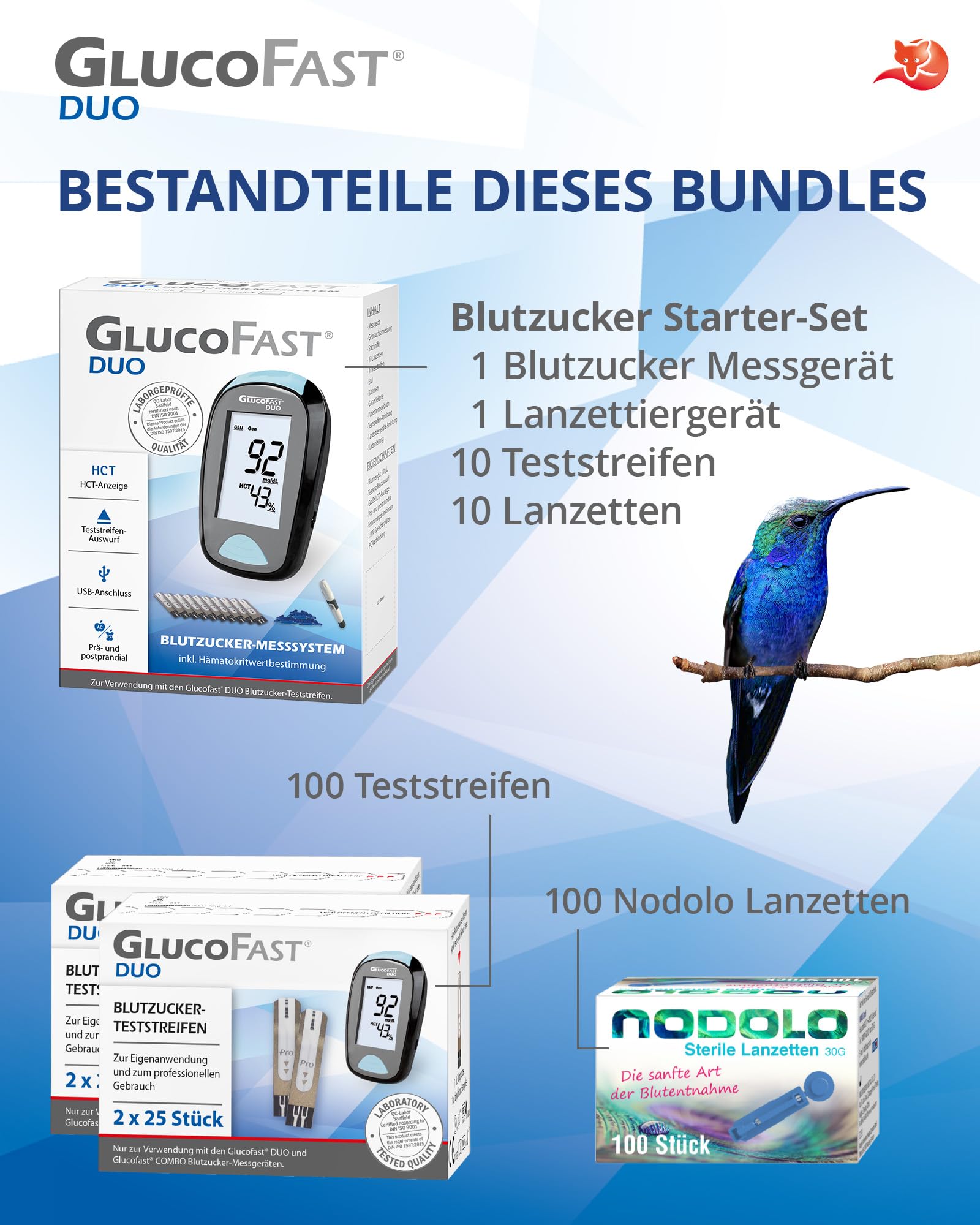Duo Blutzuckermessgerät Set mit 110 Teststreifen & 110 Lanzetten | Messgerät mg/dL | Präzise Blutzuckermessung | Einfache Anwendung