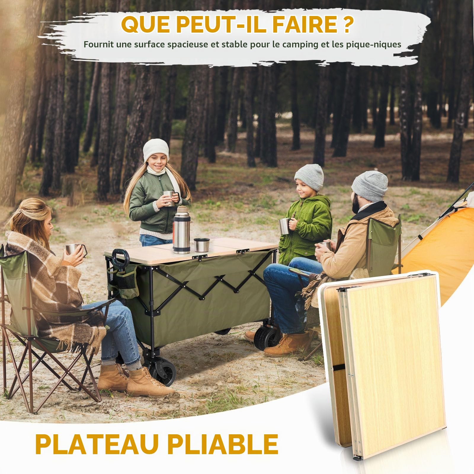 Chihee Chariot de Jardin Pliable Chariot Utilitaire,Chariot de Plage Pliant Capacité 220L,Très résistant Roues Tout Terrain Pochette surdimensionnée 1 Bureau pliable2 Porte-Boissons