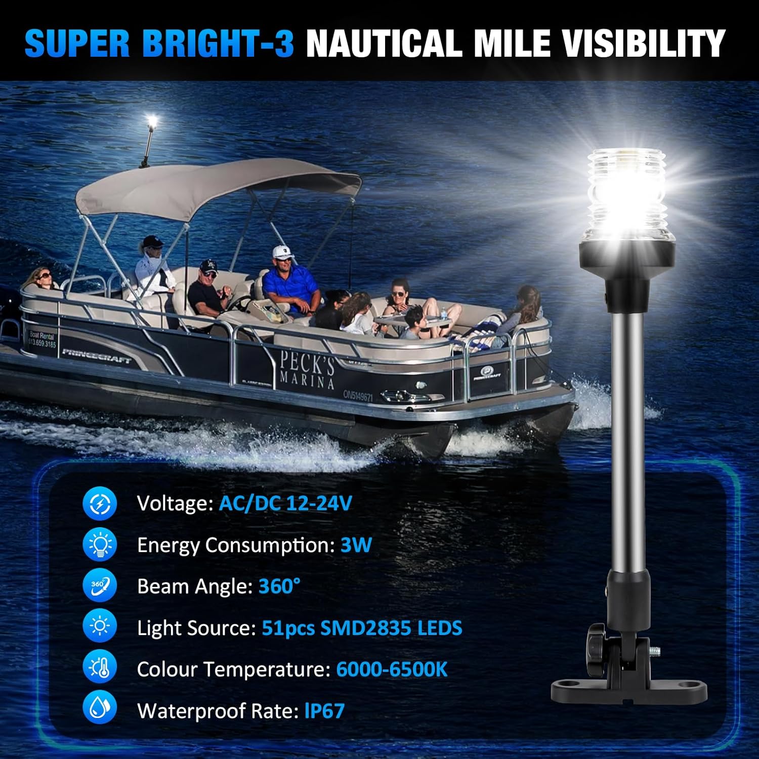 18 Inch Stern Light Bimini Top Anchor Light, LED Pontoon Navigation Lights Waterproof IP67, 3 NM Visibility White Fold Down Rear Boat Lights for Jon Boat, Small Boats, Fishing Boats (12~24V)
