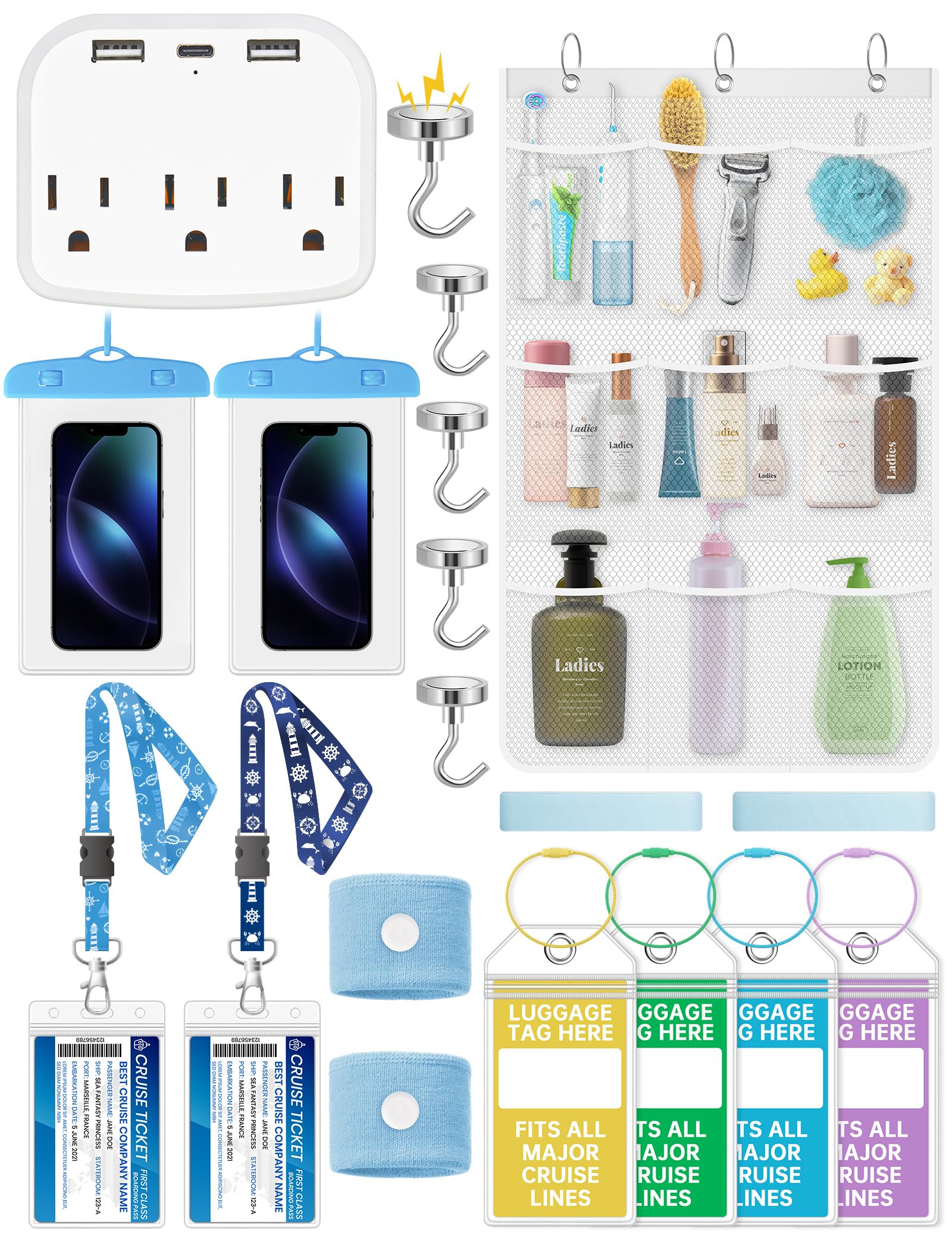 NiHome 19-Piece Cruise Trip Essentials Kit – Power Strip, Waterproof Phone Bags, Luggage Tag Holders, Magnetic Hooks, Cruise Card Lanyards, Towel Bands, Anti-Seasickness Bands and Shower Organizer Bag