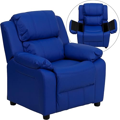 Miniatura 3 de EMMA + OLIVER Sillón reclinable infantil de vinilo azul acolchado de lujo con brazos de almacenamiento