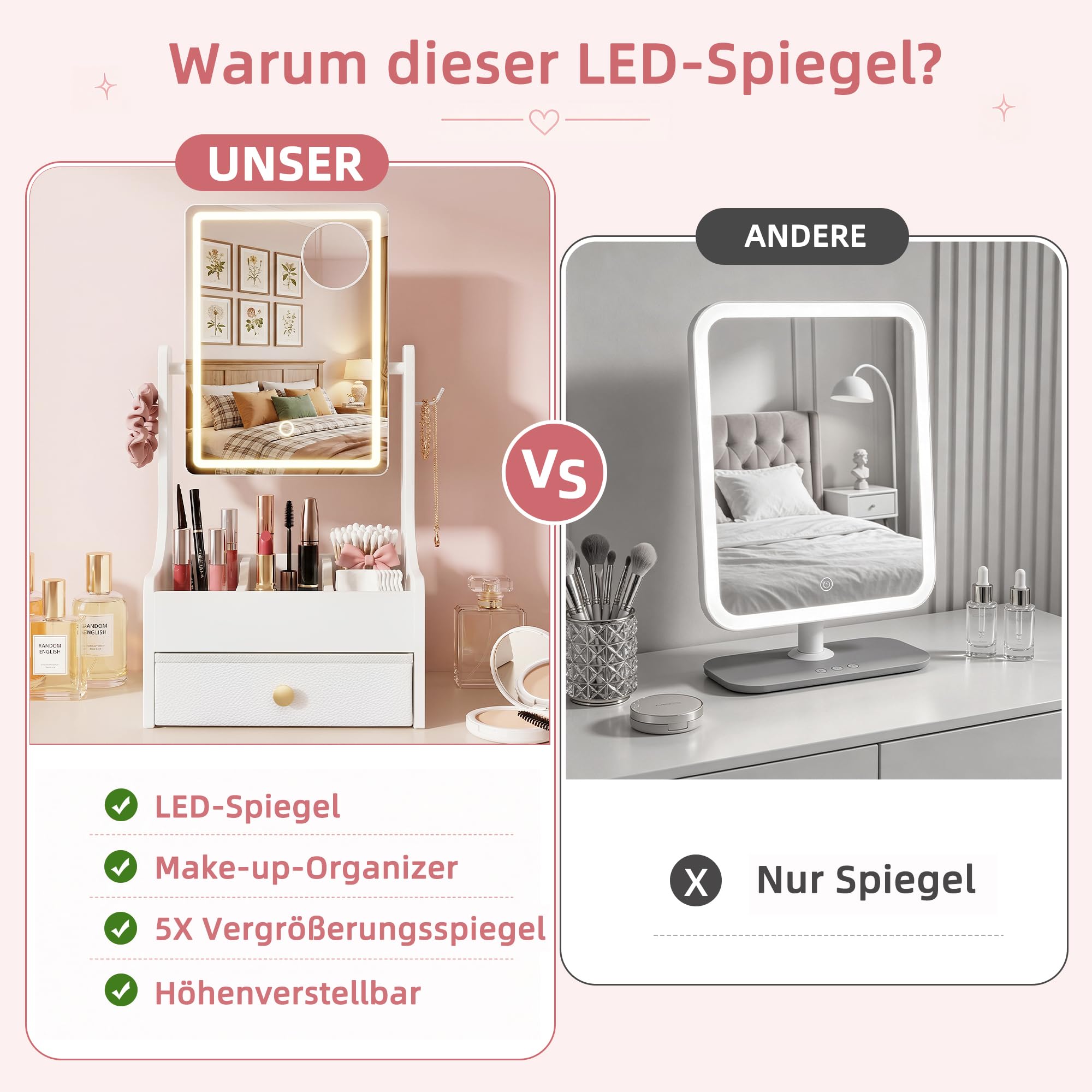 Schminkspiegel mit Beleuchtung, Make-up Organizer, 32 x 66 cm | 360° drehbarer Kosmetikspiegel, 5-fach Vergrößerungsspiegel mit Licht, höhenverstellbar, Tischspiegel & Schminktisch Spiegel