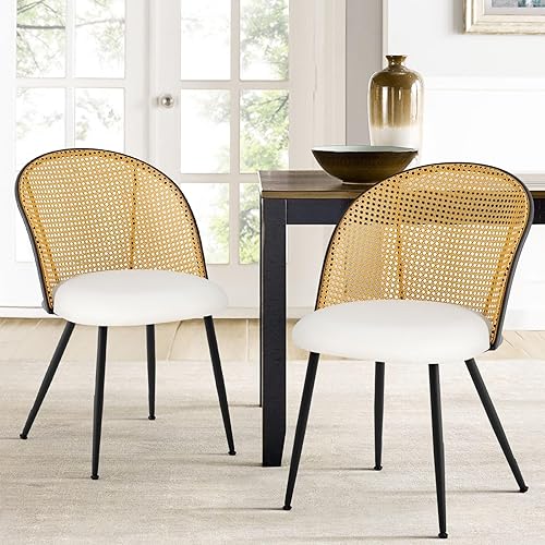 Dining Chairs Set of 2, Mid Century Modern Dining Room Chairs with Full Rattan Back, Faux Leather Kitchen Dining Chairs Farmhouse Armless Mesh Cane Back Side Chairs with Metal Legs, Off-White