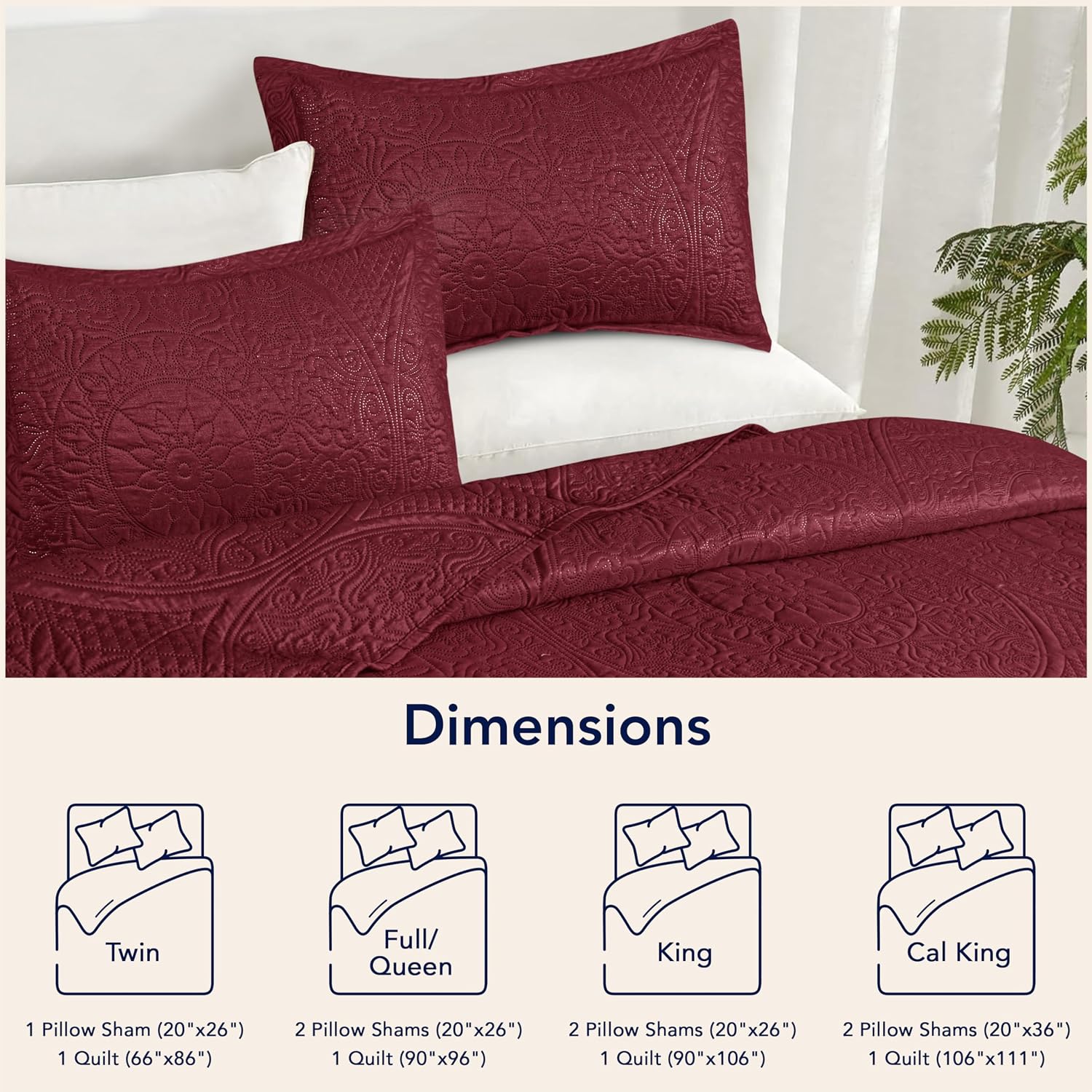 King Quilt Bedding Set with Pillow Shams – Lightweight Quilted Bedspread King Size, All-Season Summer Quilt | Machine Washable | 3-Piece King Coverlet Set (Burgundy Floral)