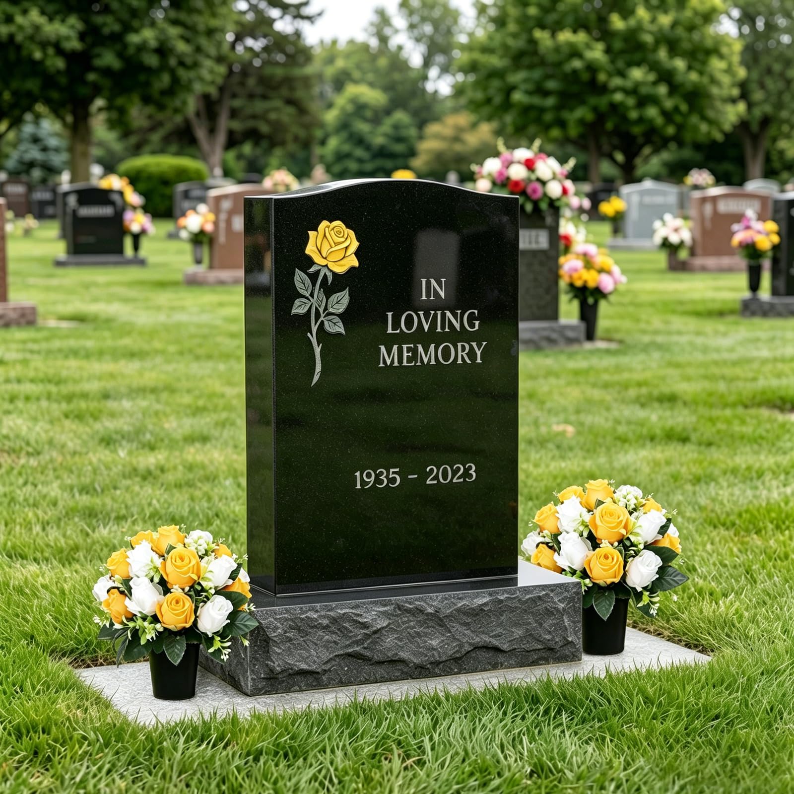 2 fiori artificiali per tombe, 18 rose gialle bianche e gialle, vasi da fiori finti per cimitero, ornamenti per cimitero in seta, decorazioni per esterni, funerali, commemorazioni funebri per