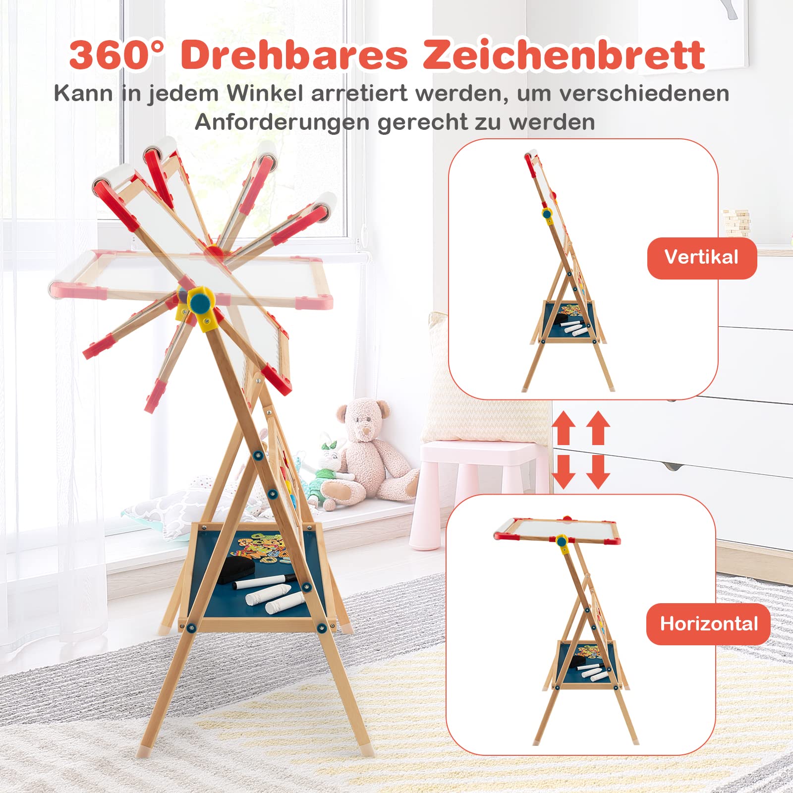 DREAMADE doppelseitige Kinder Staffelei aus Holz, Kinderstaffelei Kindertafel mit Papierrolle Whiteboard und Kreidetafel, inkl. Alphabet Marker Kreide Radiergummi