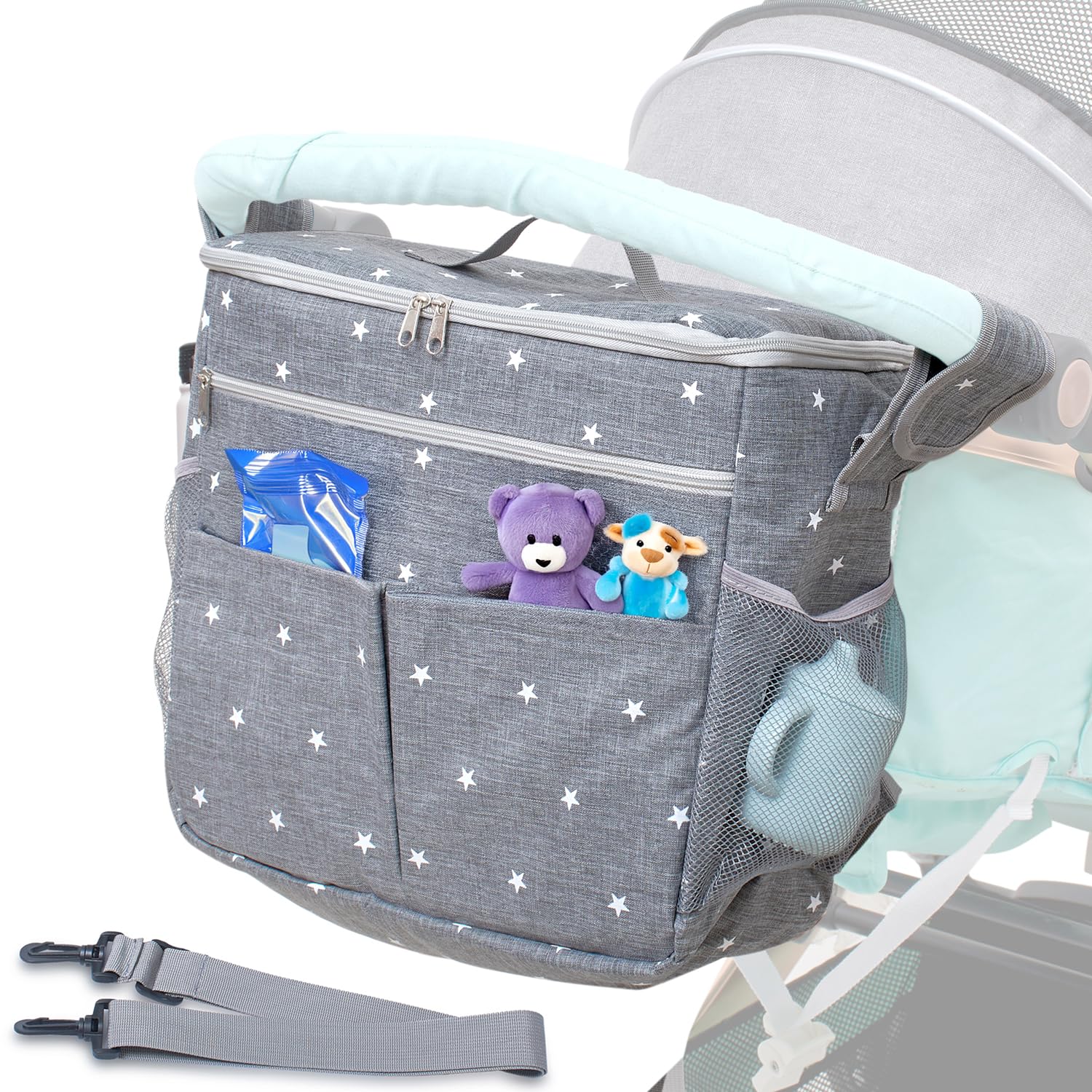 Enovoe Stroller Organizer Bag - Rectangular Removable w/ Spacious Pockets - Big Size Grey Oxford Waterproof Fabric w/ White Stars - Easy Installation - 2-in-1 Stroller Baby Diaper Bag - Grey