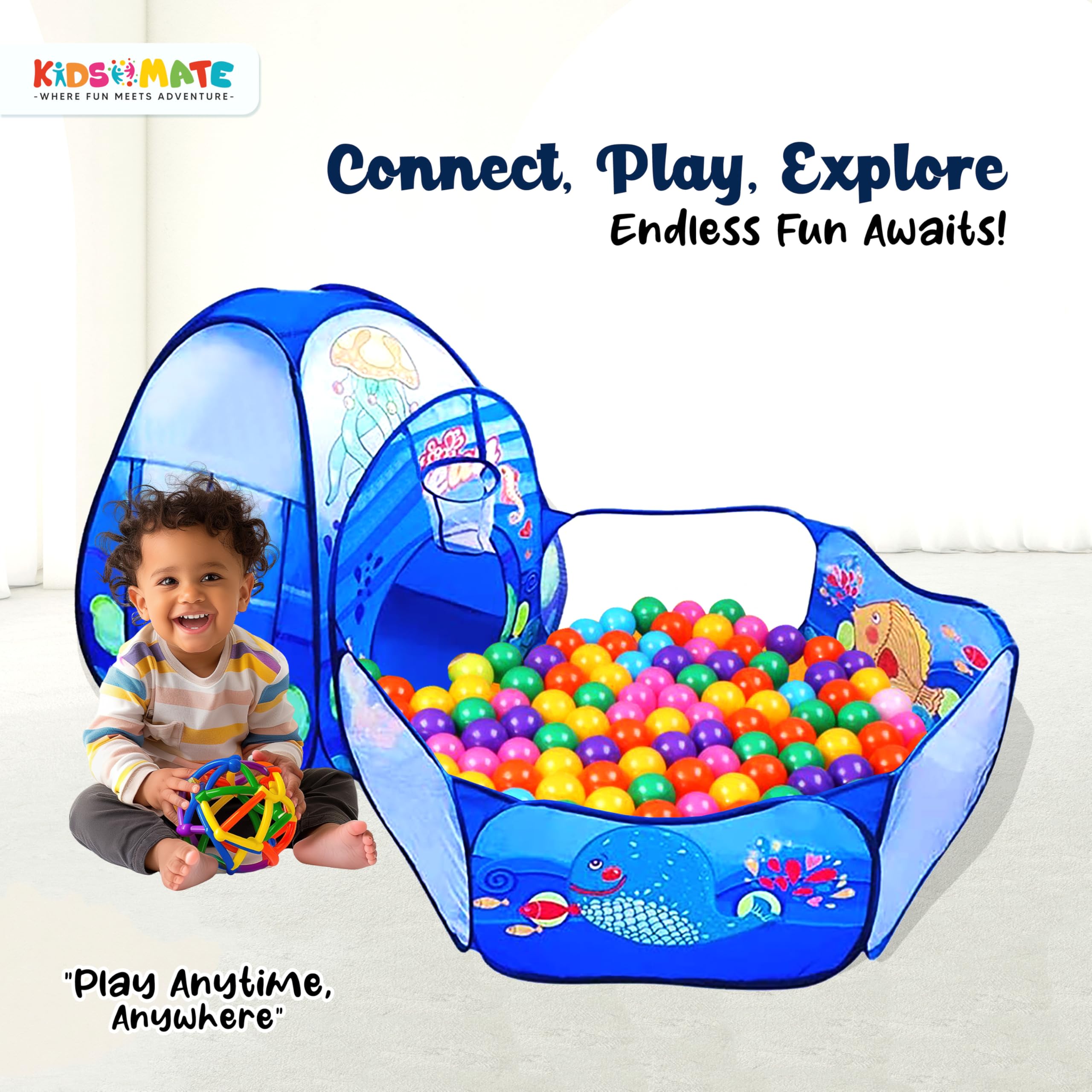 Kidsmate 3-in-1 Ball Pool Tunnel for Kids 1-5 Years | Foldable Pop-Up Tent with Crawling Tunnel, Ball Pit & Playhouse | Indoor/Outdoor Activity Toy for Boys & Girls | Balls Not Included – Blue - Image 2 thumbnail