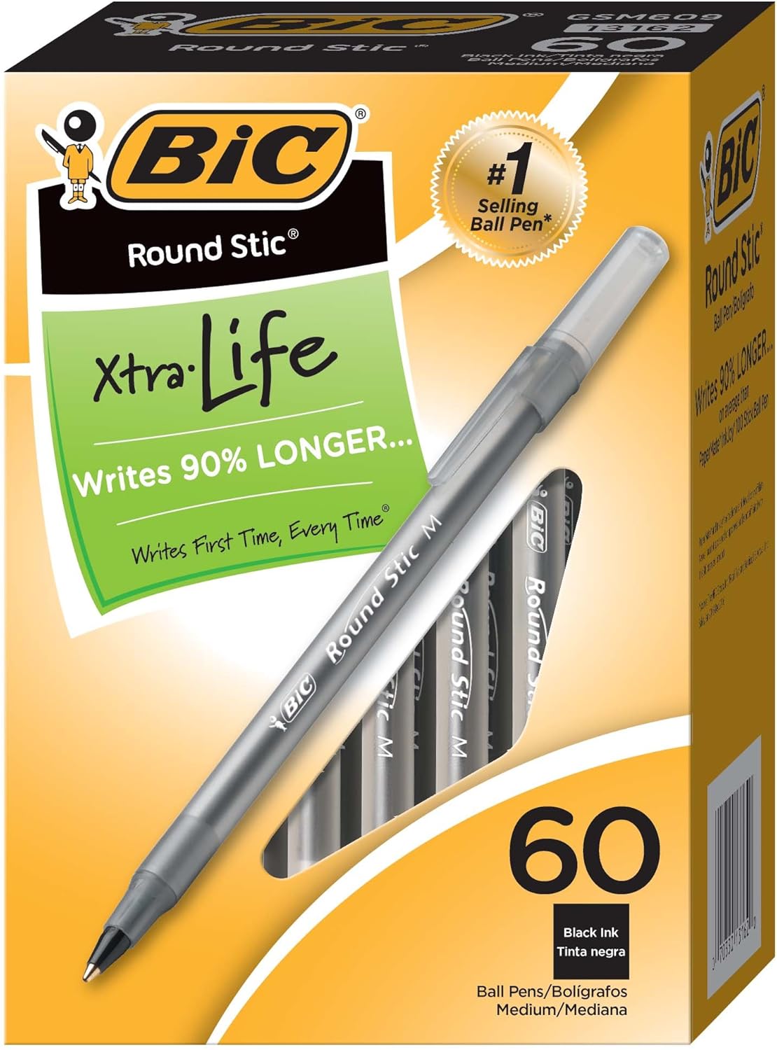 BIC Round Stic Xtra Life Ballpoint Pen, Medium Point (1.0mm), Black, 60-Count
