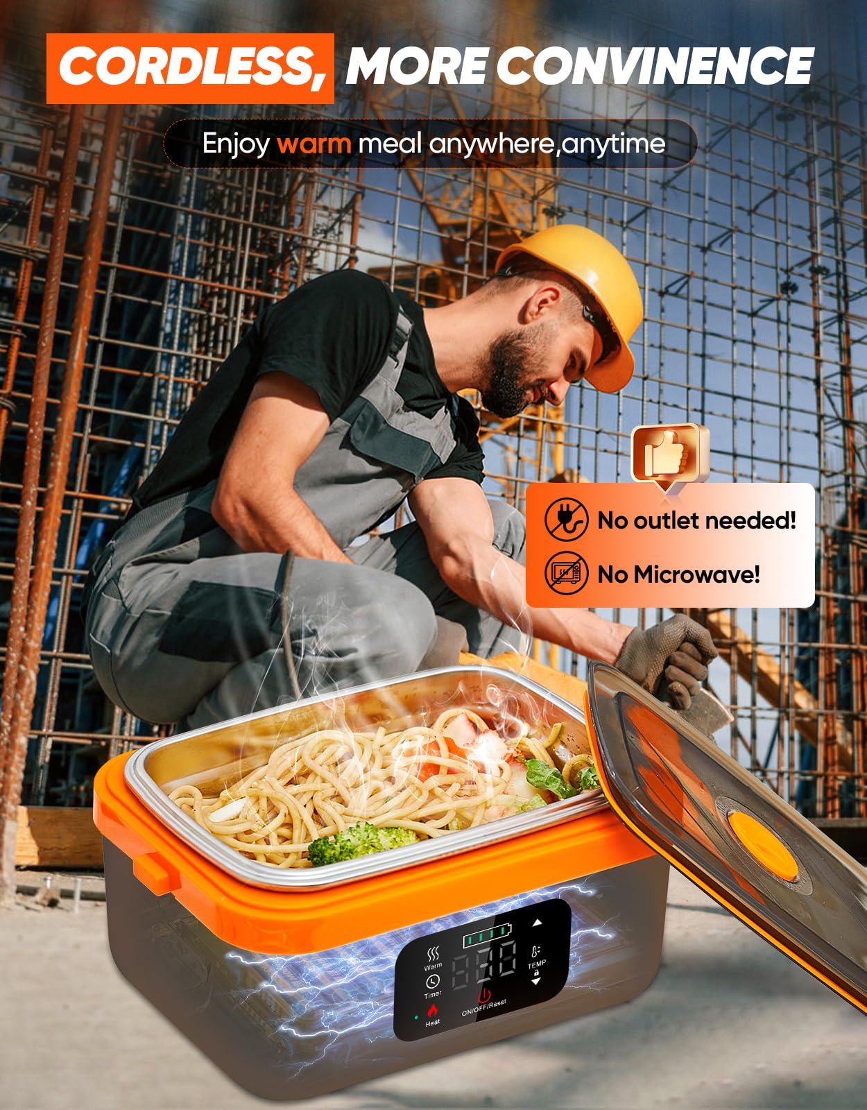 Warmio Cordless Electric Lunch Box, Self-Heating Food Warmer, Battery Powered Lunch Boxes with 1L Container, Rechargeable Heated Lunch Box for Men, Women, Car, Truck, Office, Travel