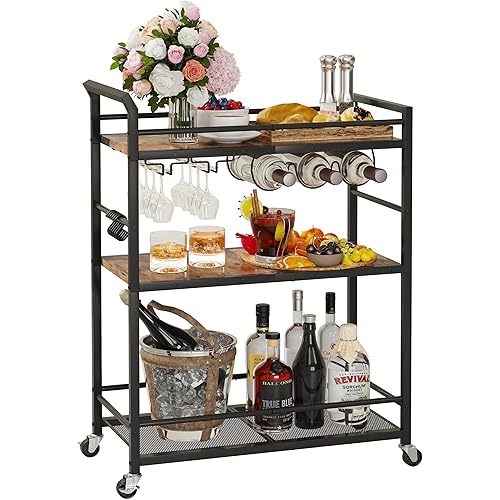 3 Tier Bar Cart, Home Bar Serving Cart with Wheels, Small Rolling Beverage Cart with Glass Holders, Mini Drink Cart with Wine Rack for Kitchen Dining Living Room Rustic Brown GBC507R