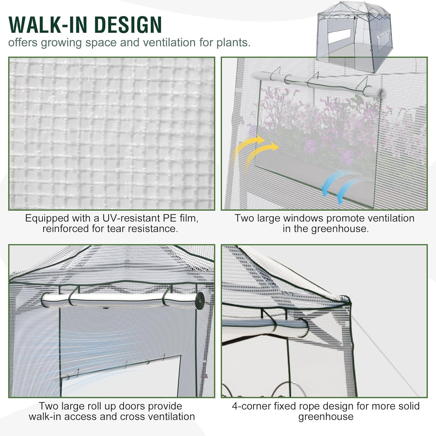 11 x 8.5 x 7.5 FT Walk-in Greenhouse, Portable Pop-up Greenhouse for Indoor Outdoor, Plant Garden Green House with Zippered Doors, Screen Windows, Heavy Duty Frame and Durable PE Cover