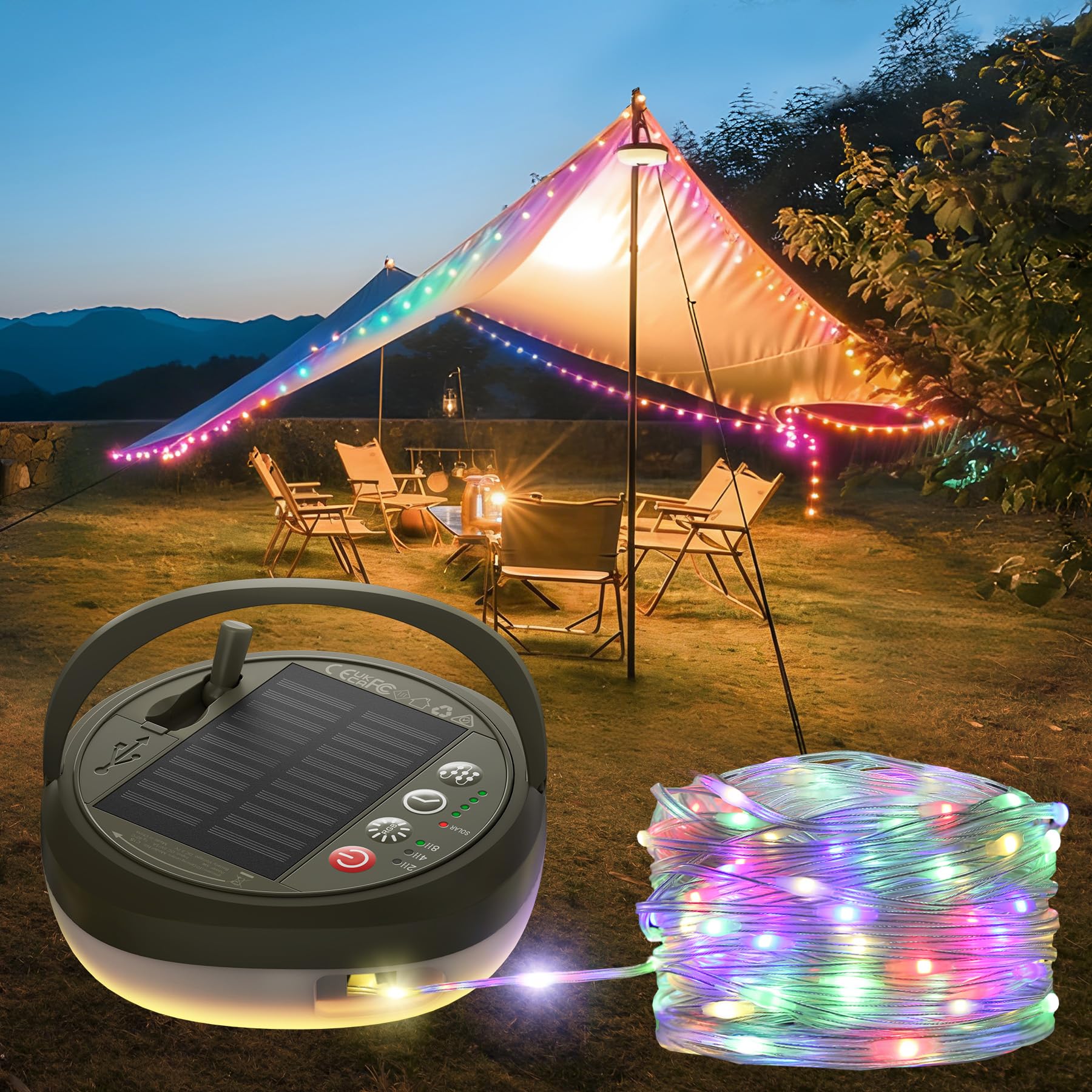 Glocusent 22 Modes Camping String Lights 12 Ambient String Lights 10 RGB Lantern 130 LEDs Rechargeable Solar Powered