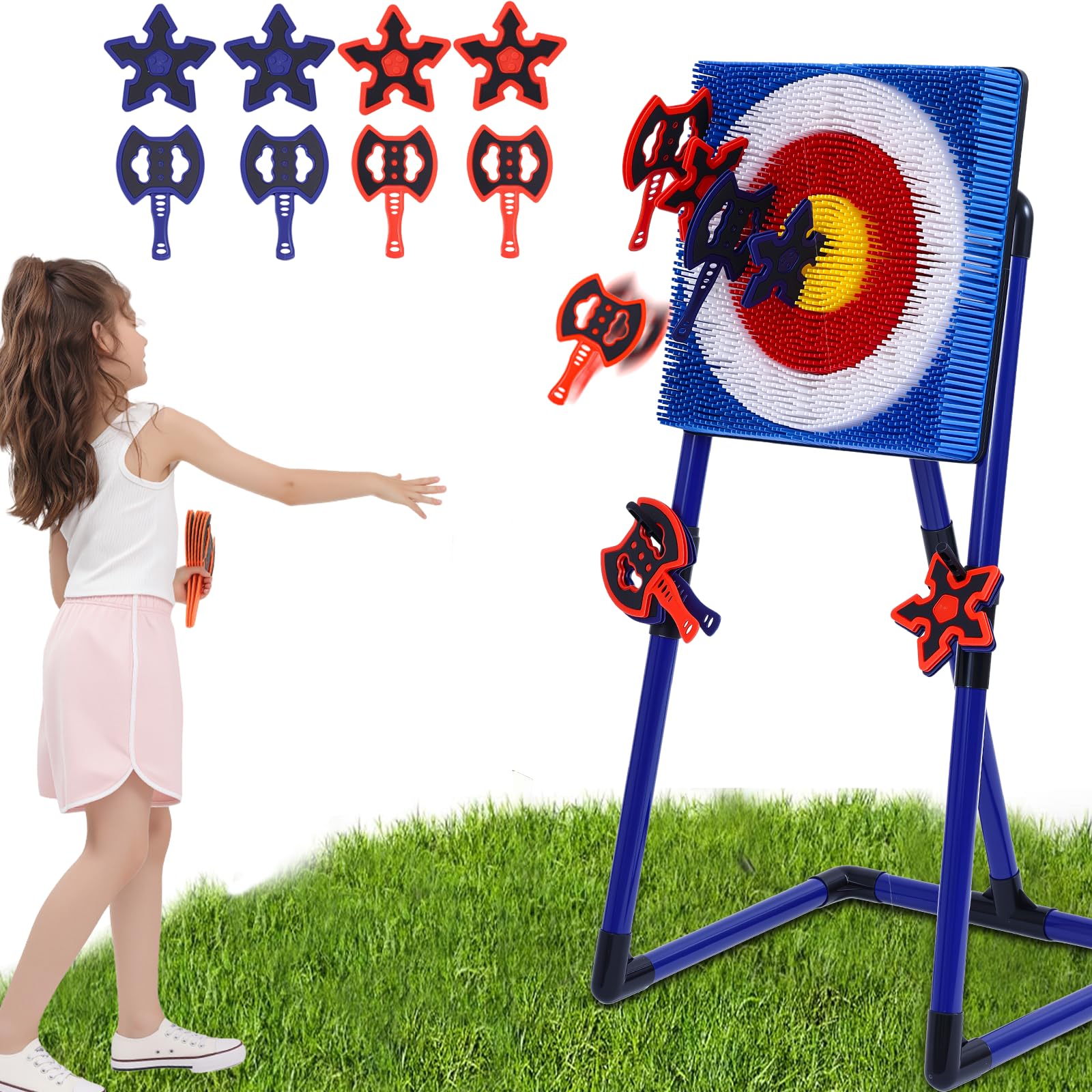 ZoLLa Axe Throwing Game for Backyard Fun,Safe Bristle Target with 4 Throwing Axes & 4 Throwing Stars,Yard & Outdoor Games for Kids and Family (Blue)