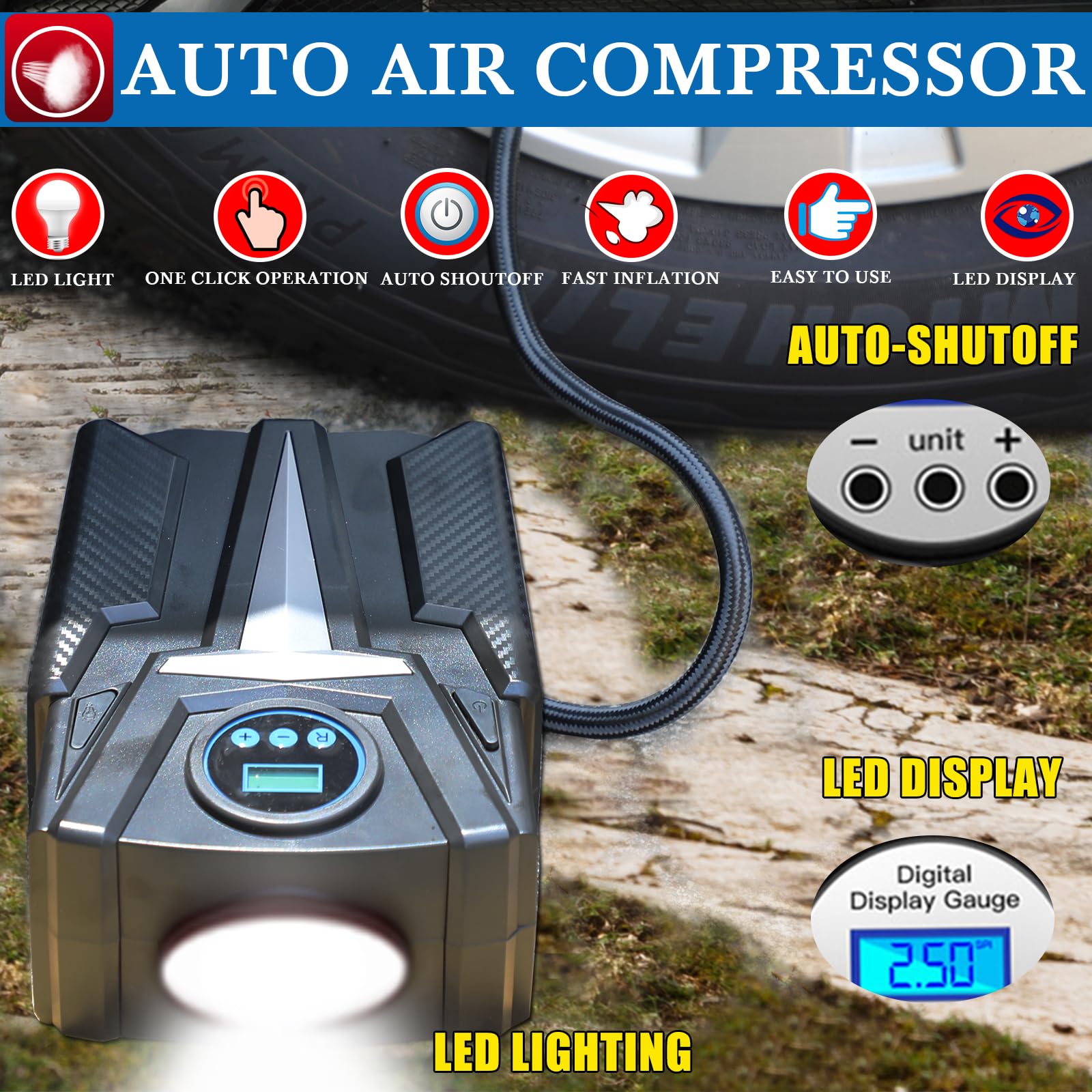 Car Emergency Kit, Roadside Assistance Emergency Car Kit Jumper Cables, Road Trip Essentials, Auto Vehicle Car Safety Kit with Digital Air Compressor Tire Inflator, Reflective Warning Triangle