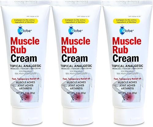 Globe Ultra Strength Crema muscular sin grasa (paquete de 3) (3 onzas). Comparar con los ingredientes activos de Bengay sin grasa, 10% mentol y 15%