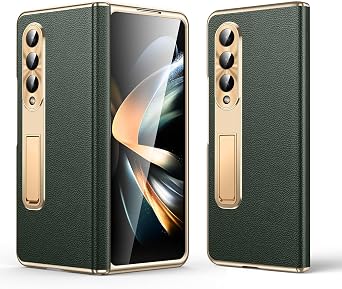 for Samsung Galaxy Z Fold 4 Case, Electroplated Frame, Luxury Leather Back, Full Magnetic Hinge Protective, Screen Protector, Metal Stand, Thin & Slim Stand Phone Cover 5G 2023, Green