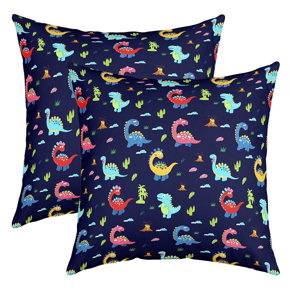 Homemissing Cartoon Dino 22x22 Inch Dinosaur Reversible Throw Pillow Covers Toddler Kawaii Dino Square Cushion Covers Set of 2 Navy Blue Pillows Covers