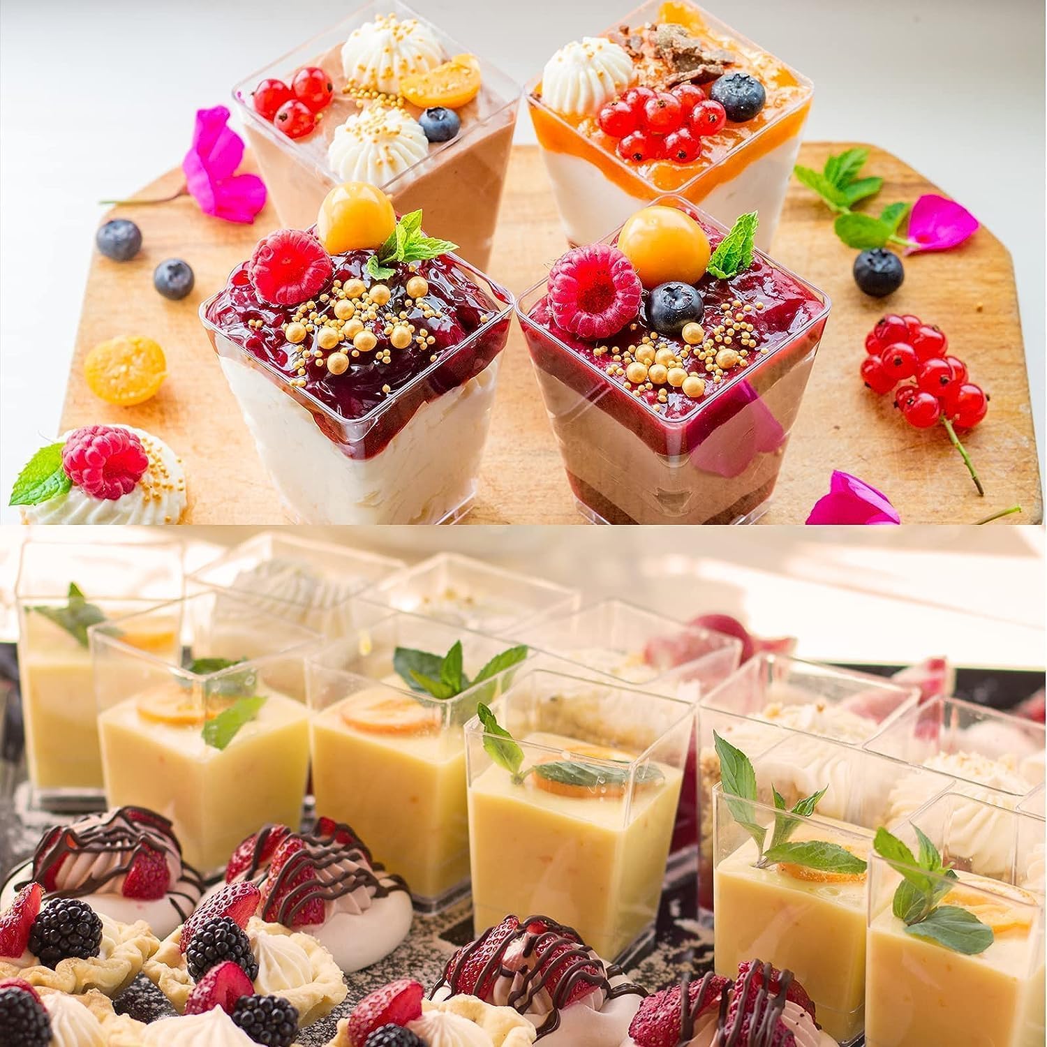50 bicchieri da dessert quadrati trasparenti con coperchio e cucchiaio, riutilizzabili, per finger food, mousse, budini, feste, dessert, festa del papà, giorno del Ringraziamento,