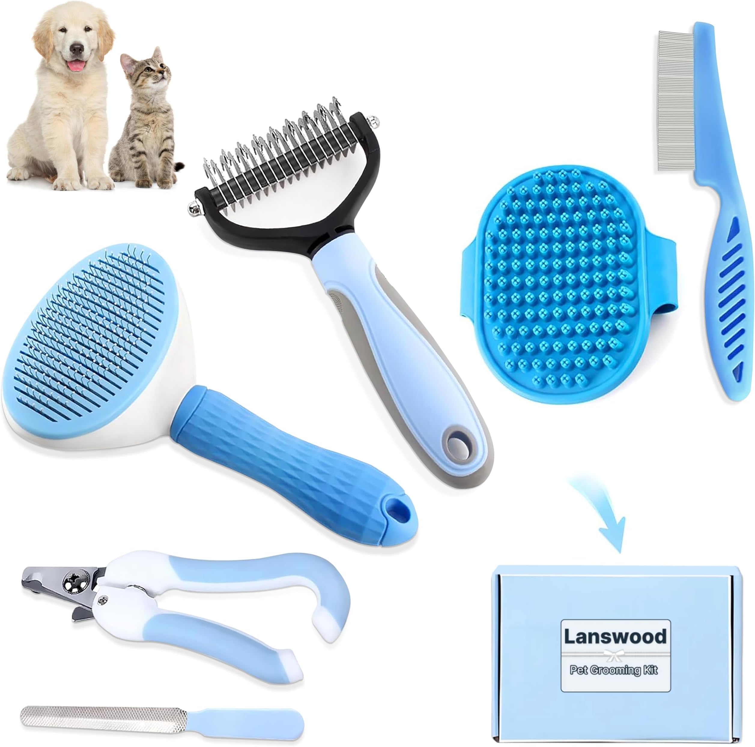 Dog Brush Dog Grooming Kit 6PCS Dog Brush for Shedding-Dog Grooming Brushes, Dematting Comb for Dogs, Cat Nail Clipper with Nail File, Flea Comb, Dogs Bath Brush (Blue)