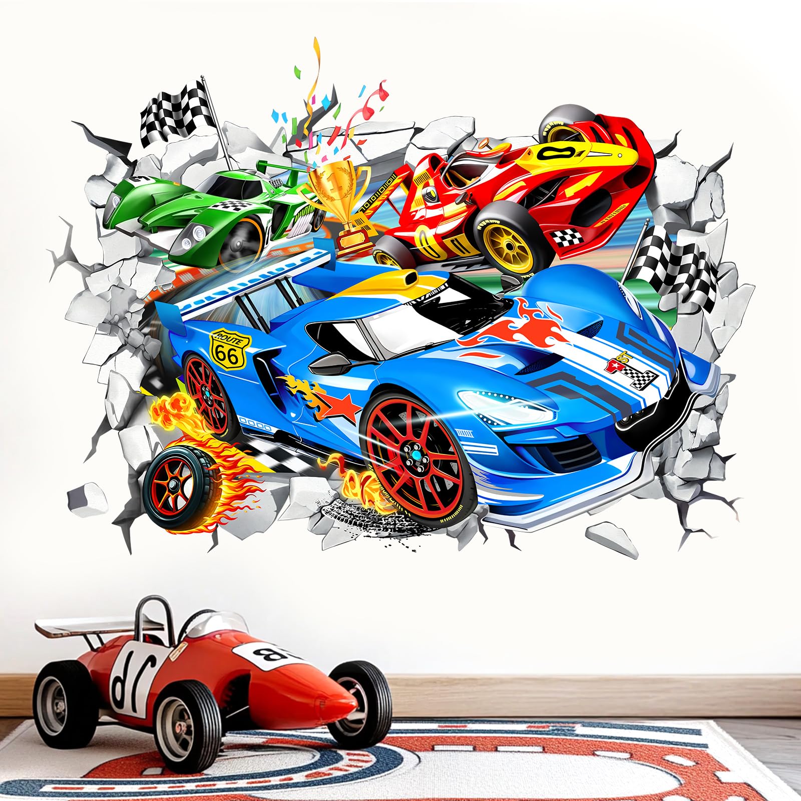 wondever Large 3D Racing Car Wall Stickers Vehicles Break Through Peel and Stick Wall Art Decals for Boys Room Kids Bedroom Playroom - Image 3