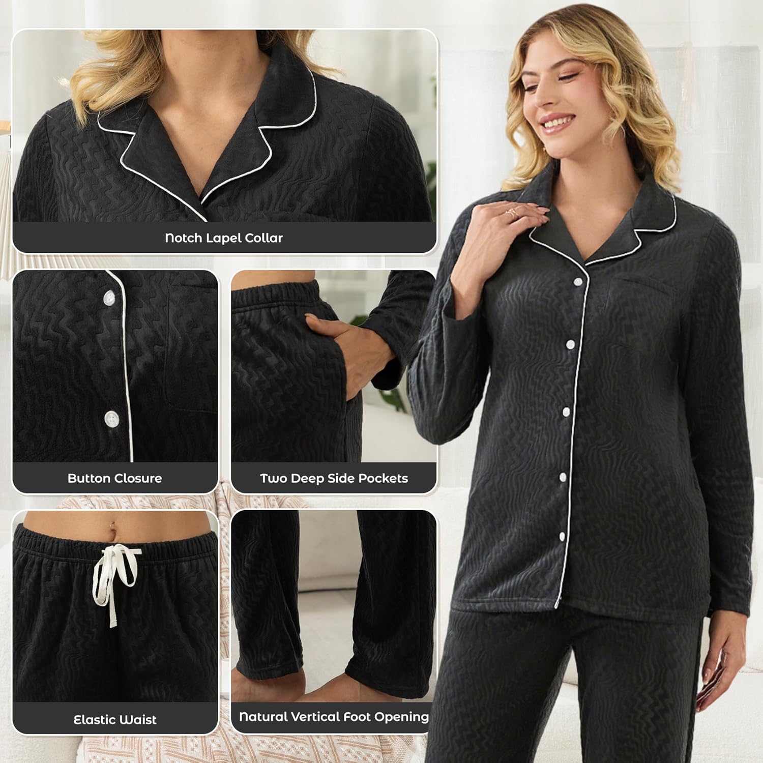 HEARTNICE Fleece Pajamas for Women Button Down Warm Set Soft Classic Lapels Pjs 2 Piece Sleepwear Cozy Lounge - Image 2