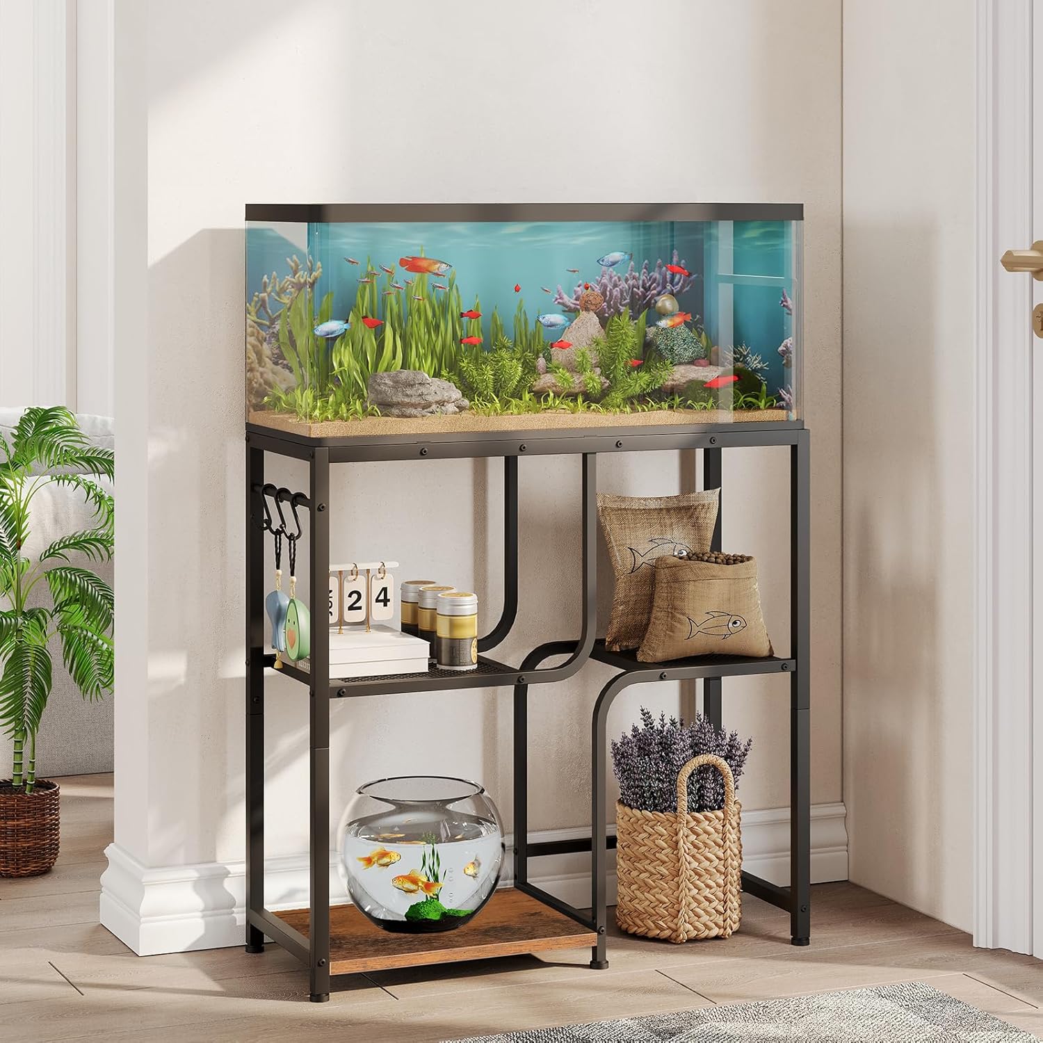 HOOBRO 20 Gallon Fish Tank Stand with Storage Shelves, Heavy Duty Aquarium Stand, Metal Frame Reptile Turtle Tank Stand, 29.9”L x 11.8”W, 220 LBS Capacity, Rustic Brown BF74FT01